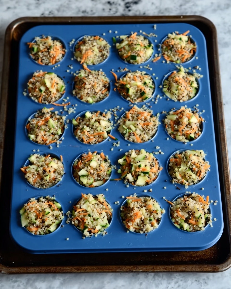 A blue silicone mini muffin tray filled with 24 portions of a colorful mixture consisting of finely chopped orange carrots, green zucchini strips, and white quinoa with small black seeds, all evenly packed into each round cavity. The tray sits on a dark baking sheet placed on a white marbled textured surface. The quinoa and vegetable pieces create a light and fresh texture with visible bits of green and orange throughout the mixture. photo taken with an iphone --ar 4:5 --v 7
