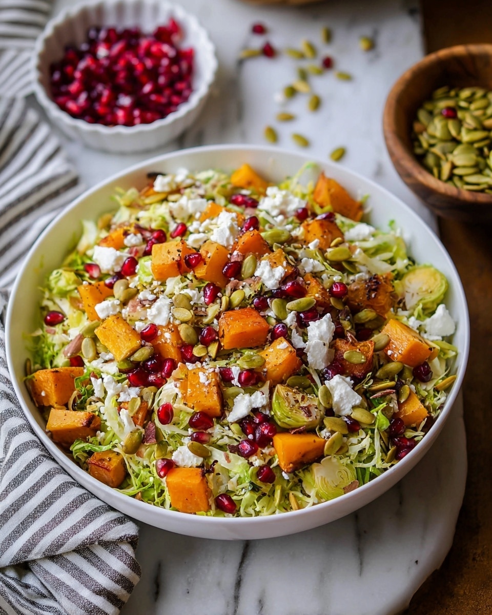 A white bowl filled with a colorful salad with many layers: the bottom layer is shredded green Brussels sprouts, topped with bright orange roasted butternut squash cubes, scattered red pomegranate seeds, creamy white crumbled cheese, and light green pumpkin seeds sprinkled all over. In the background, a small white bowl holds more pomegranate seeds, and a wooden bowl below the salad bowl holds extra pumpkin seeds. The whole scene is set on a white marbled surface with a striped cloth on the left side. photo taken with an iphone --ar 4:5 --v 7