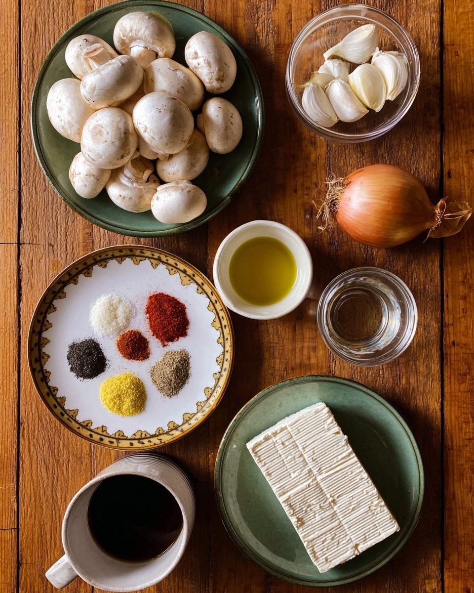 The image shows various cooking ingredients arranged neatly on a wooden table. In the top left, there is a green plate filled with whole white mushrooms. To the right, there are garlic cloves and a halved onion placed on the table. Below the mushrooms, a white plate with a gold-rimmed edge holds small piles of red, yellow, black, and white spices. Next to it is a white cup with golden olive oil. In the lower part of the image, a white tea cup filled with dark liquid is visible. On the bottom right, a green plate has a white block of tofu with textured lines on its surface. A clear glass bowl with a white liquid is seen near the top right. The whole setup is on a wooden surface with a warm tone. photo taken with an iphone --ar 4:5 --v 7