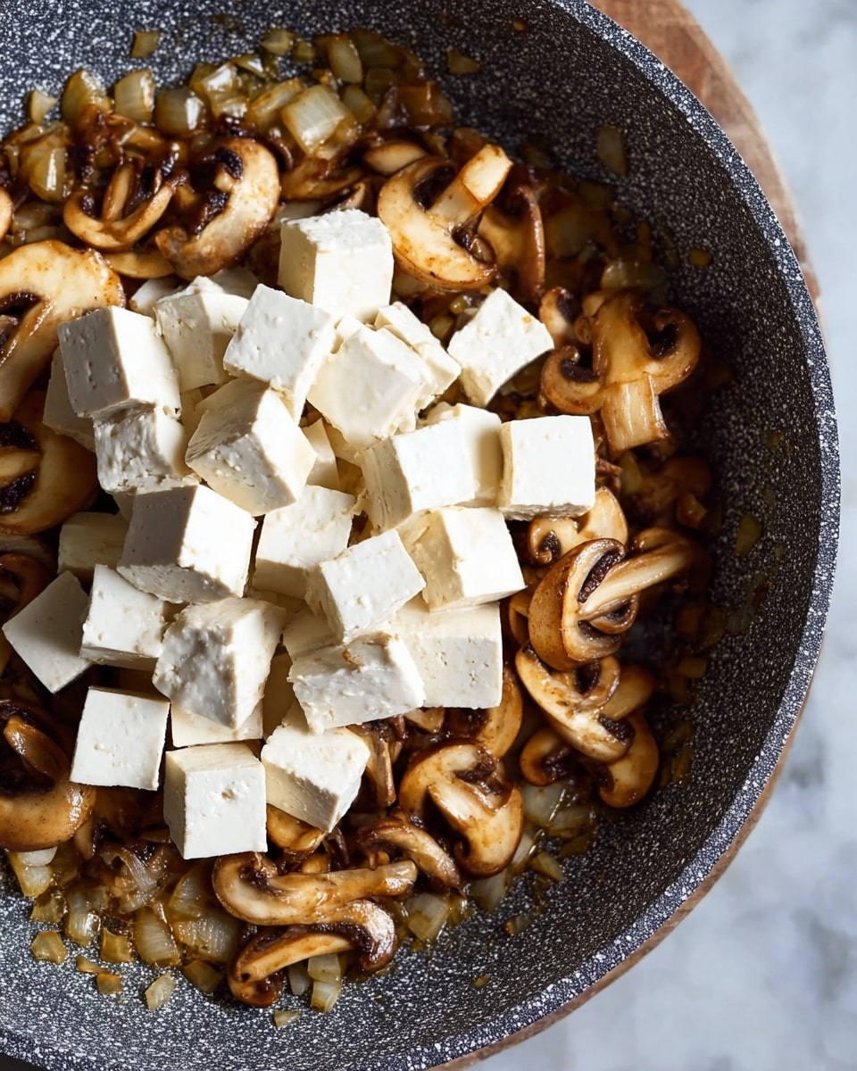 A top view of a speckled gray pan with two clear layers: the bottom layer is cooked sliced mushrooms mixed with small bits of onion, showing a golden-brown and slightly shiny texture; the top layer is a pile of fresh white tofu cubes stacked over the mushrooms, showing smooth and firm surfaces. The pan edge is visible on the left side, and the background is a white marbled texture photo taken with an iphone --ar 4:5 --v 7