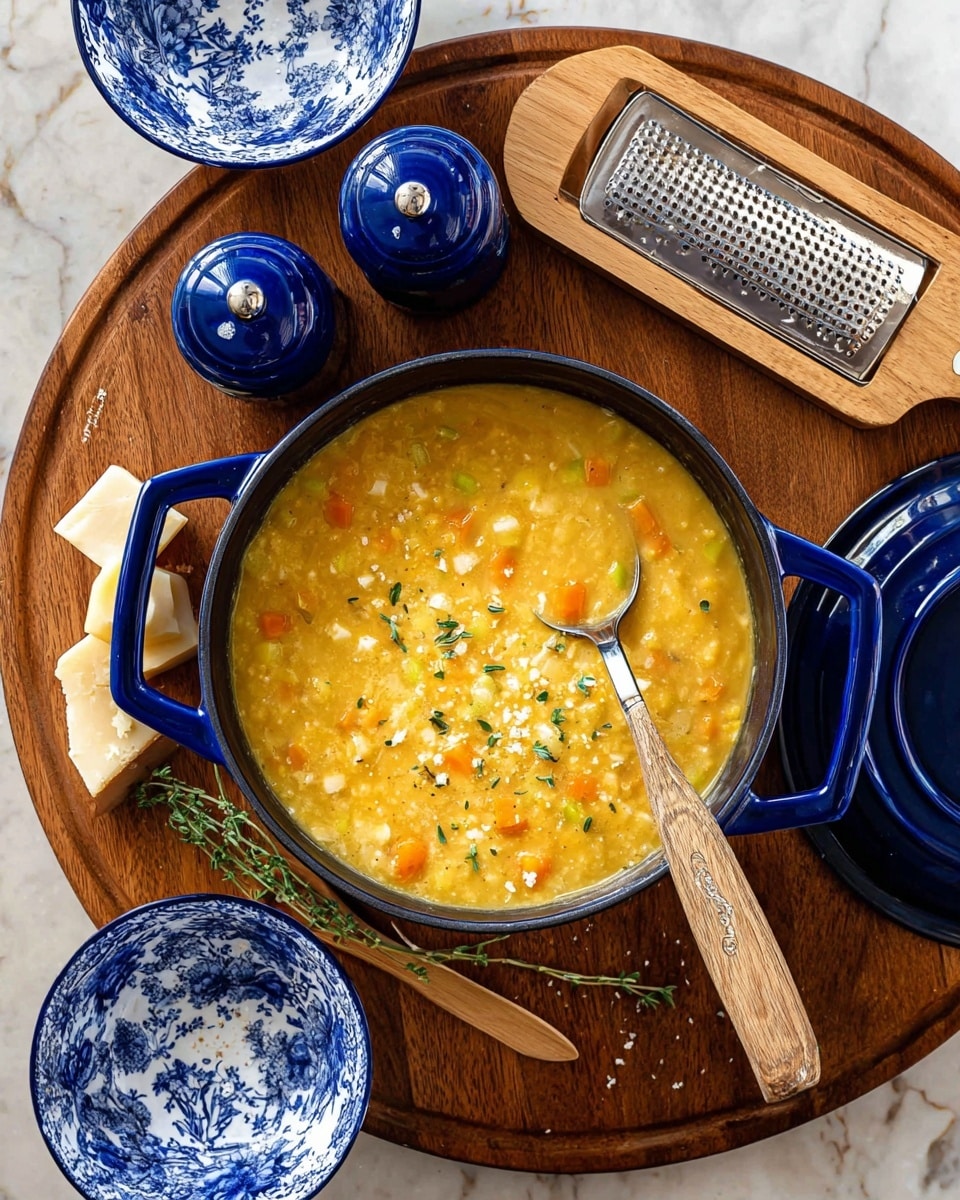 A deep blue round pot filled with thick yellow soup that has small white pearl-like bits, orange pieces, and small green herb sprinkles throughout. A silver spoon is placed inside the pot, with some soup showing on the spoon. The pot sits on a round wooden board with a wooden-handled grater and a small metal knife resting on the board. A small chunk of pale cheese is next to the grater, and a few sprigs of fresh green herbs lay near the pot’s handle. Around the board are two empty white bowls with dense blue floral patterns, plus a pair of matching blue and white salt and pepper shakers. The background is a white marbled texture. Photo taken with an iphone --ar 4:5 --v 7