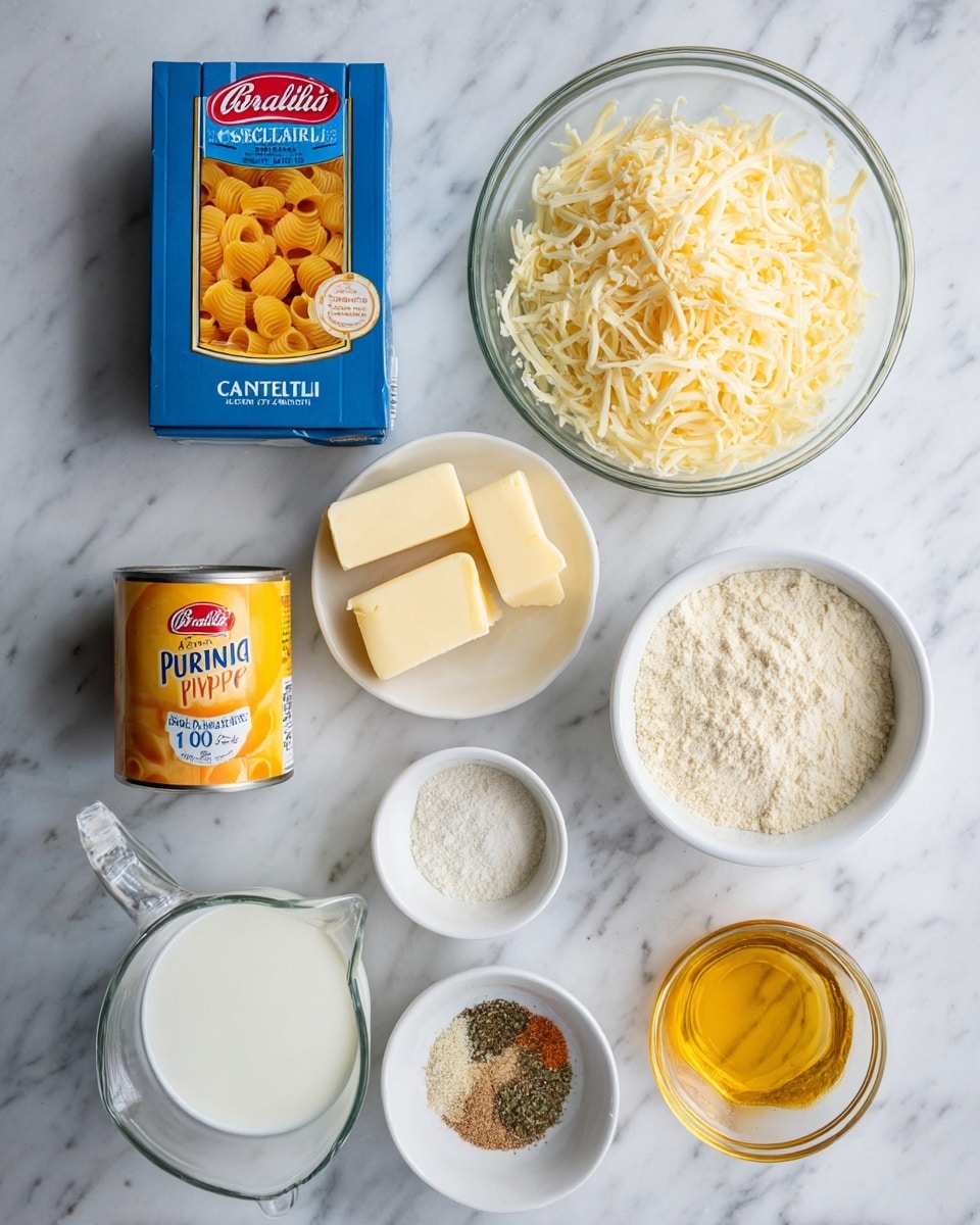 The image shows a flat lay of cooking ingredients arranged neatly on a white marbled surface. At the top left is a blue box of Barilla cellentani pasta. To the right of the box, there is a clear glass bowl filled with shredded cheese that is pale yellow and thin in texture. Below the pasta box, a small white bowl holds three thick rectangular pieces of butter. A metal can of Libby's 100% pure pumpkin with a bright yellow label sits near the center. To its right are two small white bowls, one filled with white flour and the other with mixed spices, including a white and brown powder. At the bottom left, a clear measuring cup contains white milk, and next to it on the right are a clear small container of golden yellow oil and a white bowl with fine, light brown bread crumbs. The whole setup is clean and bright, with each ingredient clearly visible. photo taken with an iphone --ar 4:5 --v 7