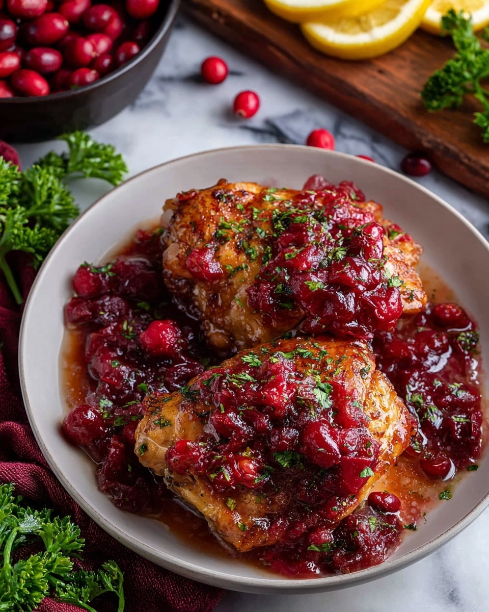 Two pieces of cooked chicken with a golden brown, crispy skin sit on a white plate, covered in a thick, chunky red cranberry sauce with whole cranberries and finely chopped green herbs sprinkled on top. The chicken pieces have a shiny texture from the sauce. The plate is placed on a white marbled surface with red cranberries scattered around, fresh green parsley on a wooden cutting board, and bright orange lemon wedges nearby. Photo taken with an iphone --ar 4:5 --v 7