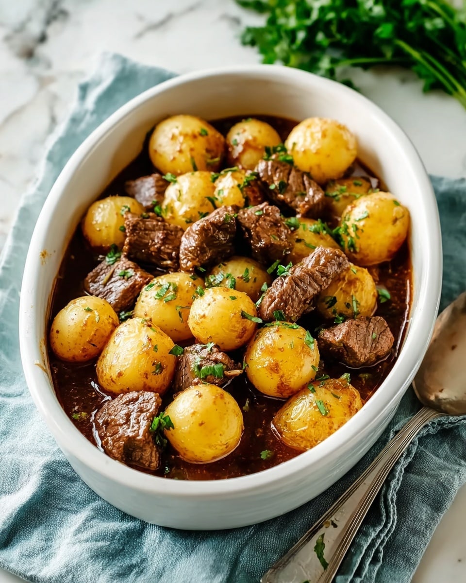 In a white oval dish, there are two main layers: the bottom layer is a dark brown sauce with a rich and slightly glossy texture, and the top layer consists of round, light yellow baby potatoes and medium-sized chunks of brown cooked meat, both sprinkled with small pieces of chopped green herbs. The dish sits on a light blue cloth on a white marbled surface, with a silver spoon placed on the right side. In the background, some green leafy herbs add a touch of color. Photo taken with an iphone --ar 4:5 --v 7
