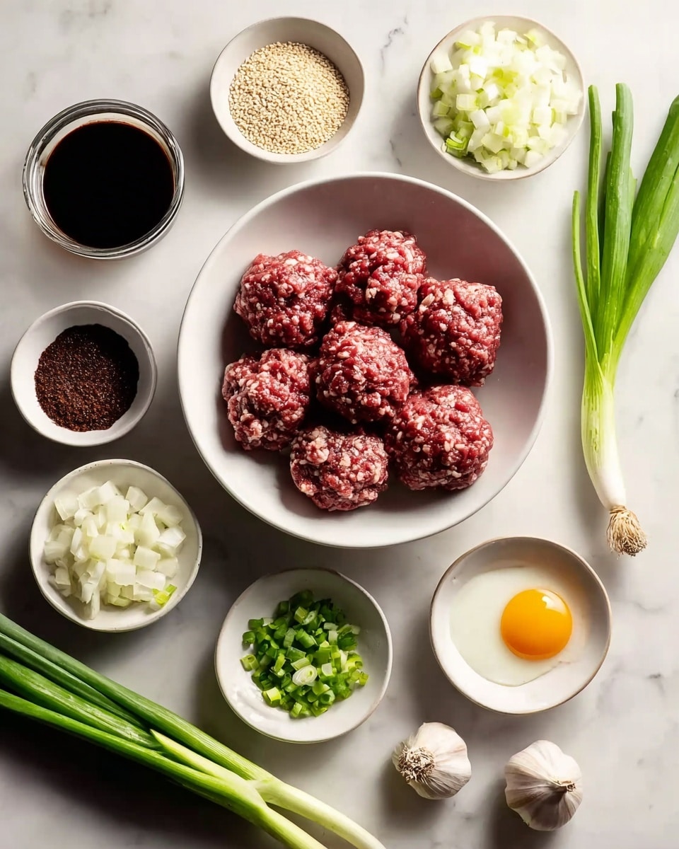 A top-down view showing ingredients arranged on a white marbled surface. At the center, a white bowl holds eight raw meatballs with a rough red and white texture. Around it, smaller white bowls contain white chopped onions, a dark brown paste, a single raw egg yolk, and finely chopped light green spring onions. Two small bowls with sesame seeds, one white and one brown, sit near the top left. There is a darker soy sauce in a white bowl nearby. Fresh green spring onions rest diagonally at the bottom left, with three garlic cloves on the right side. photo taken with an iphone --ar 4:5 --v 7