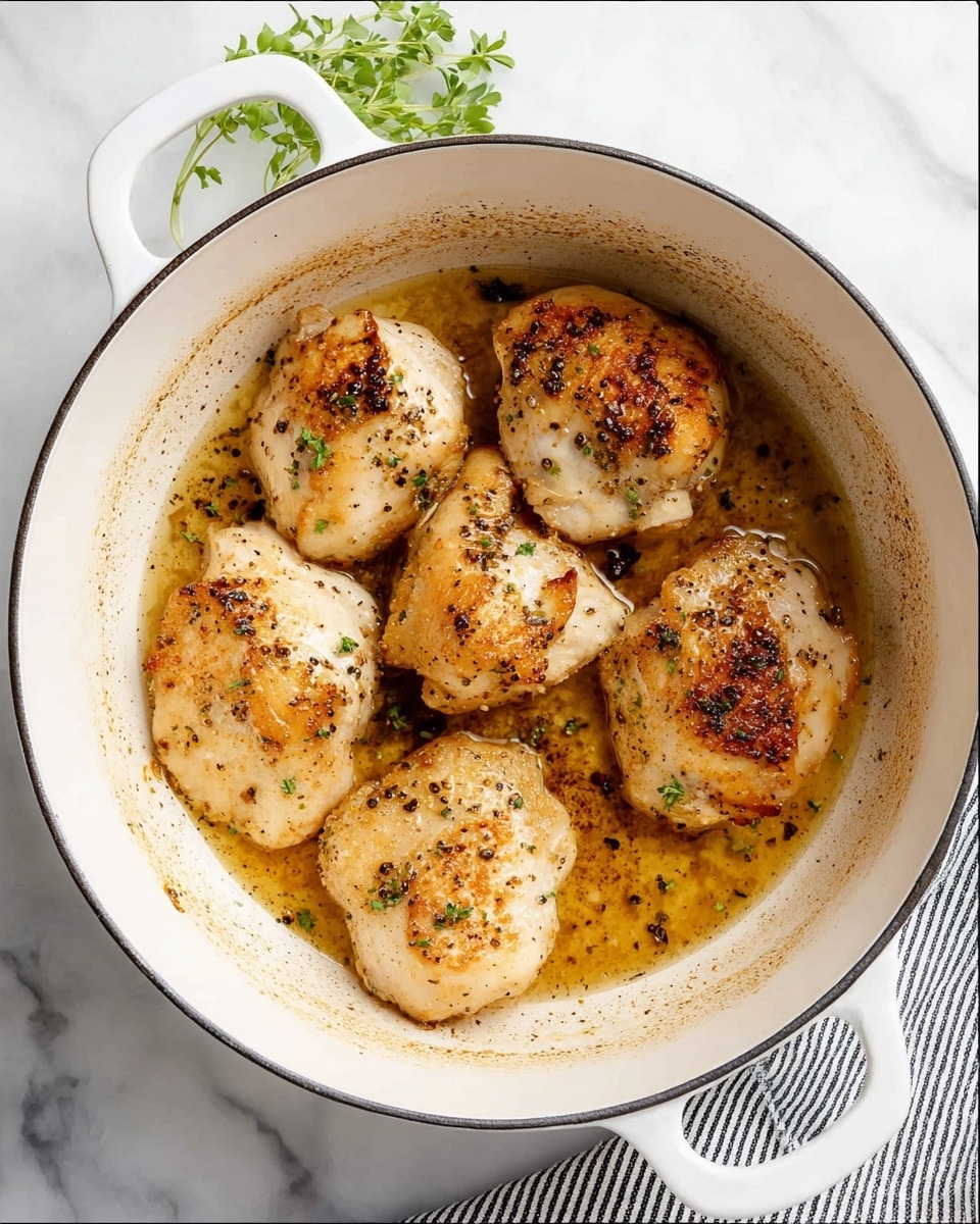 A white round pot with two handles holds five cooked pieces of meat, each pale golden with light browning and black pepper scattered on top, sitting in a small pool of light brown juices and oil at the bottom. The pot rests on a white marbled surface with a small bunch of green herbs nearby and a black and white striped cloth partially visible on the right side. The inside of the pot shows slight browning stains around the base, adding texture to the cooking scene photo taken with an iphone --ar 4:5 --v 7