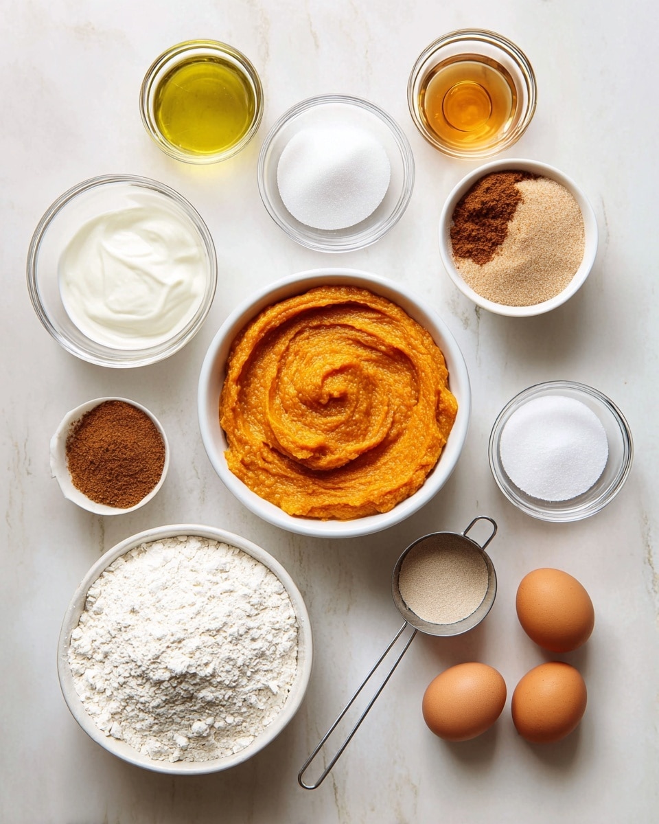 A top-down view of baking ingredients arranged on a white marbled surface. In the center is a white bowl filled with bright orange pumpkin puree that has a smooth, swirled texture. Surrounding it clockwise are a small white bowl of white granulated sugar, a metal measuring cup of light brown sugar, a small white bowl with white powder ingredients, a small white bowl with brown spice powder, and two whole brown eggs resting on the surface. There is a large white bowl of white flour at the bottom left, next to a metal measuring cup of thick white yogurt above it, a metal measuring cup of white granulated sugar beside that, a small glass bowl of amber liquid, and a clear glass measuring cup of yellow oil on the top left. All containers are neat and clean, highlighting the different textures and colors of each ingredient. Photo taken with an iphone --ar 4:5 --v 7