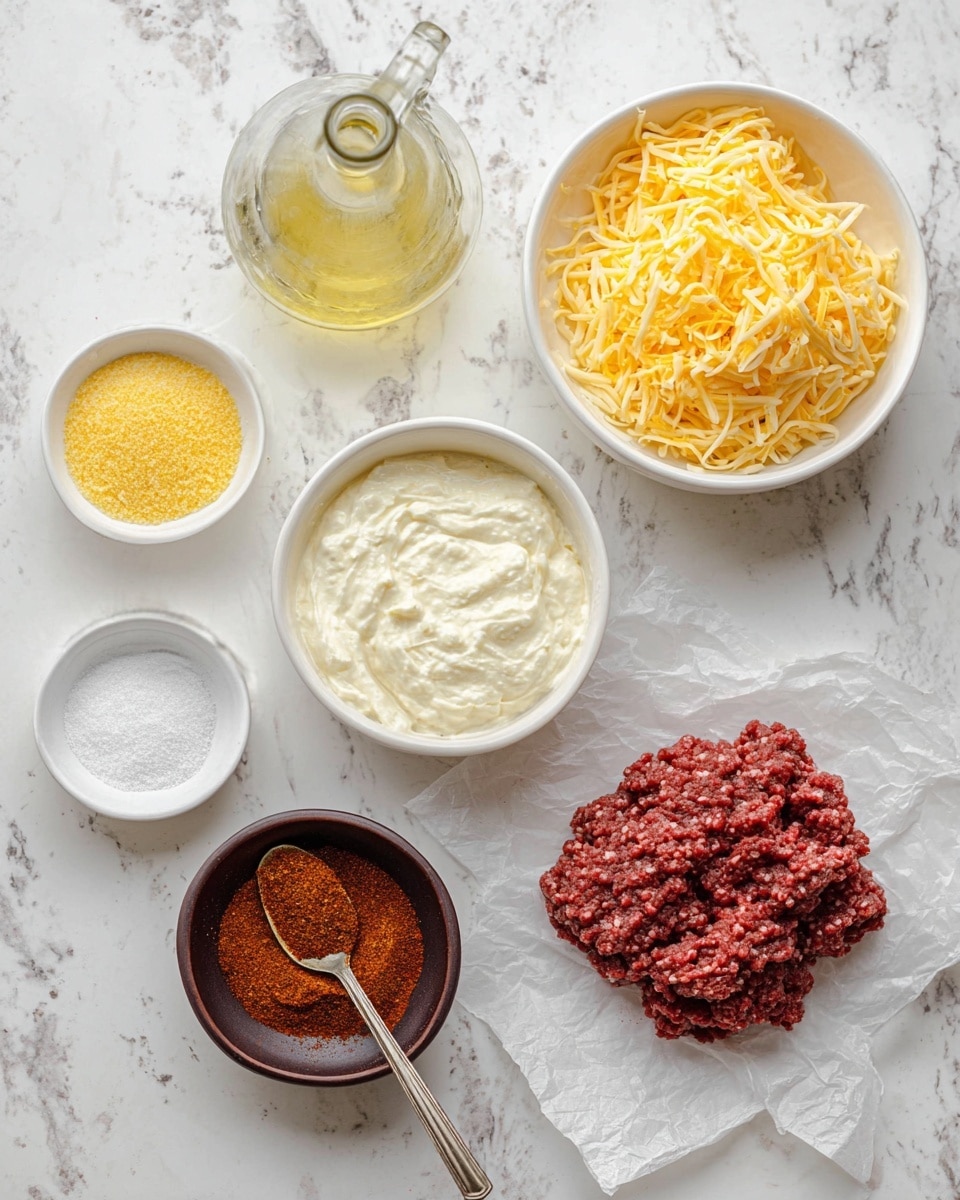 The image shows six ingredients arranged on a white marbled surface: in the top right, a white bowl filled with shredded yellow cheese; below it on the right, raw ground red meat rests on white parchment paper; directly below and to the left, a white bowl holds a creamy white mixture; above that, a small white bowl contains yellow powder; to the far left, a small white bowl has coarse white salt, and next to it, an open clear glass bottle with light golden oil; in the bottom left corner, a dark brown bowl filled with reddish-brown spice powder holds a spoonful of the spice resting on top. photo taken with an iphone --ar 4:5 --v 7