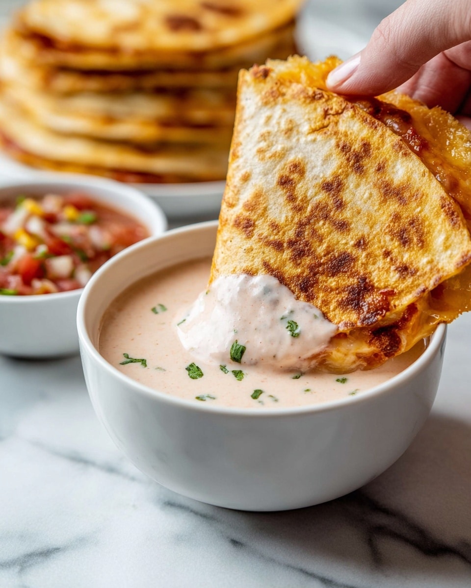 A close-up of a white bowl filled with creamy, light pink dipping sauce. A crispy, golden-brown quesadilla is being dipped into the sauce by a woman's hand. The quesadilla has a toasted, slightly uneven texture with melted cheese peeking out from the edge. In the background, there is a white bowl with a stack of quesadillas and a small white bowl of salsa with visible red and yellow chunks, all on a white marbled surface. photo taken with an iphone --ar 4:5 --v 7