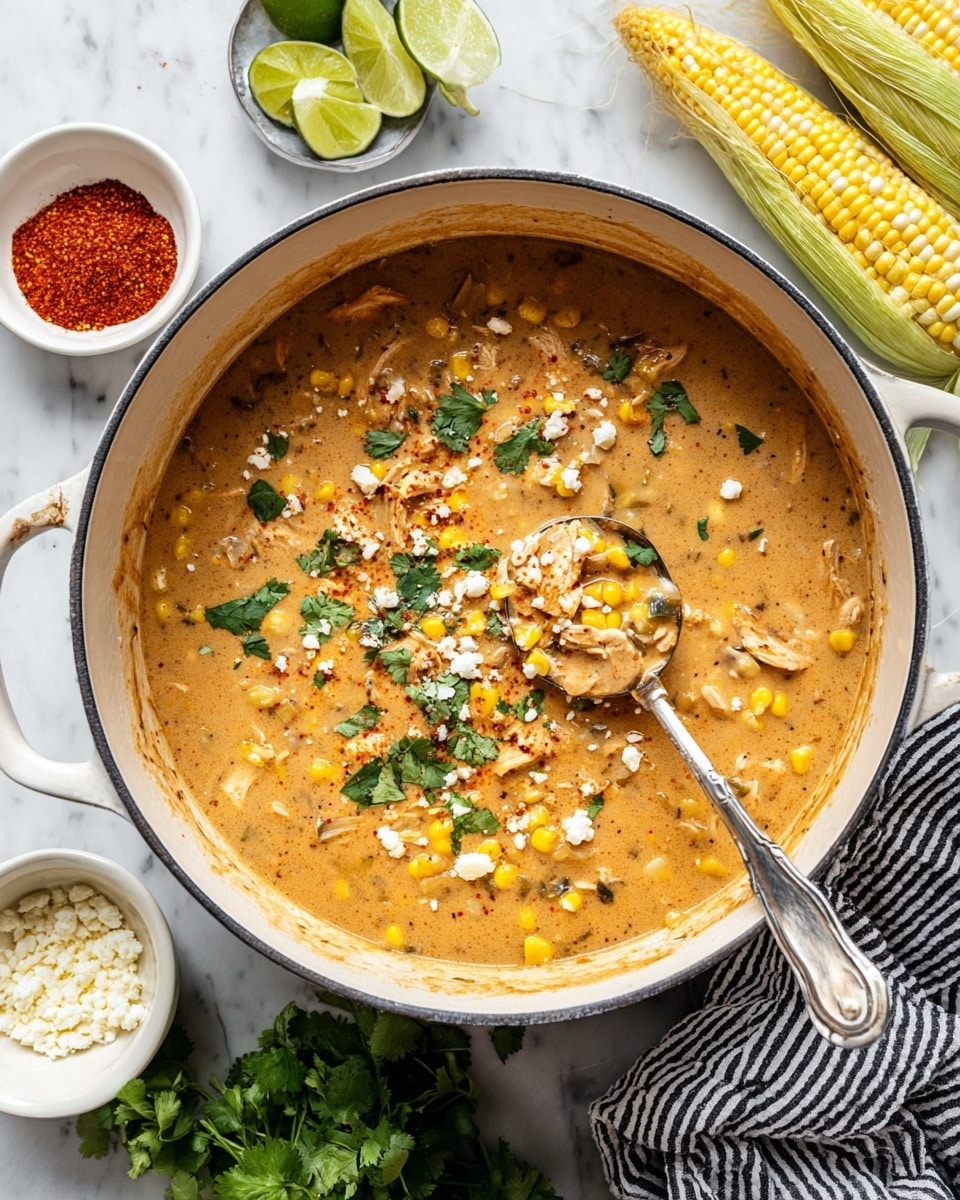 The image shows a collection of fresh cooking ingredients arranged neatly on a white marbled surface. At the center, there is a white bowl filled with several pieces of raw, smooth, pale pink chicken thighs. To the right, three ears of corn with vibrant yellow kernels and green husks lie stacked. Below the corn, a clear glass measuring cup holds a rich amber liquid, likely broth. Below the chicken, a white bowl contains light beige beans, and near it, an unpeeled yellow onion sits. Above the beans, three small glass spice jars with white labels read