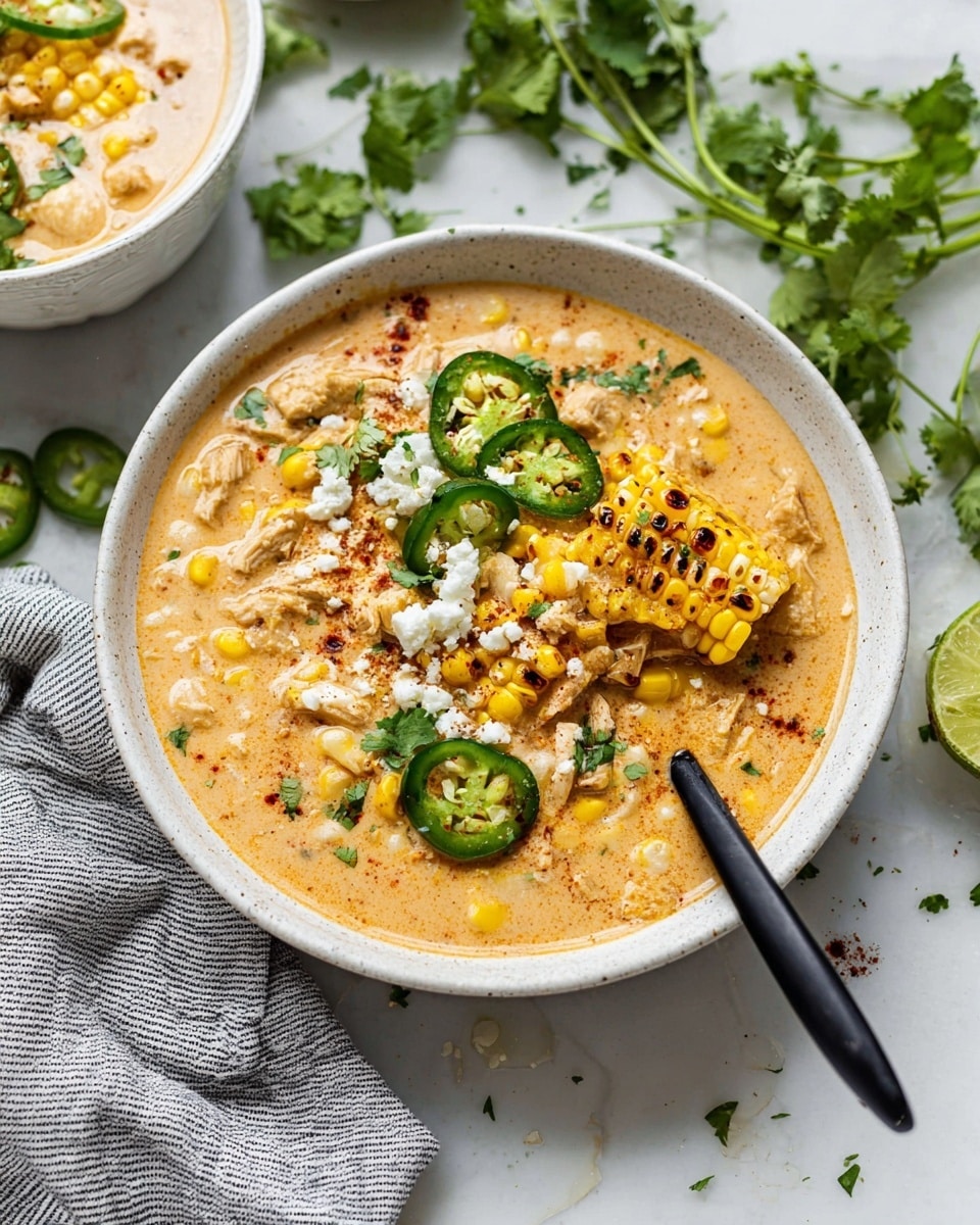 A large white pot filled with thick, creamy soup that has a light brown color with visible chunks of chicken and yellow corn pieces mixed throughout. On the soup surface, there are sprinkled white crumbles of cheese, small green cilantro leaves, and a dusting of red chili powder for color. A silver spoon rests inside the pot with its handle resting on the pot’s edge, scooping up some of the soup that shows all the ingredients well. Around the pot, there are small white bowls with red chili powder, lime wedges, and some crumbled cheese, with fresh corn cobs and chopped green herbs placed on a white marbled surface next to the pot. A striped black and white cloth napkin is slightly under the pot handle. Photo taken with an iphone --ar 4:5 --v 7