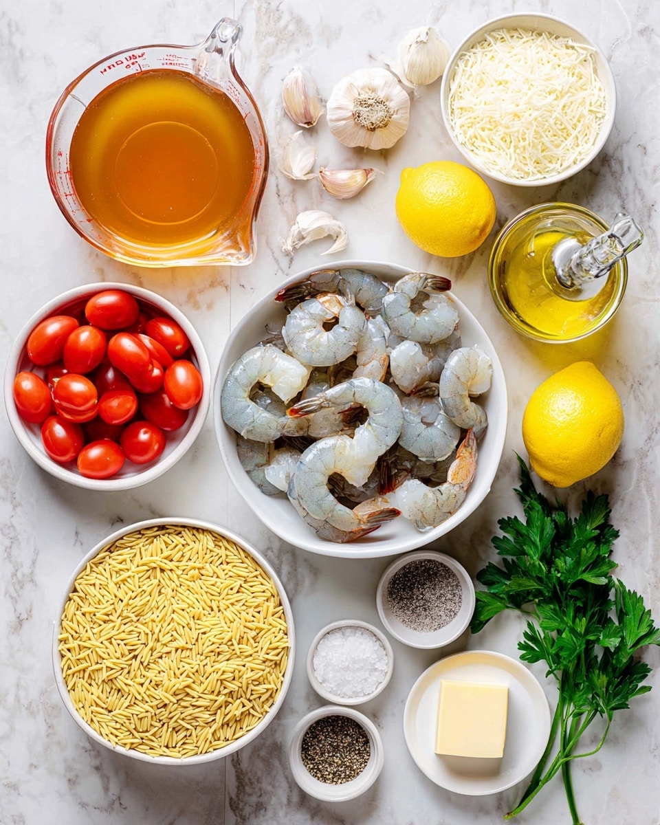 A top view of ingredients arranged on a white marbled surface, including a white bowl of raw shrimp with gray and pink shells in the center right, next to bright green parsley leaves at the bottom right. Nearby are yellow lemons, one cut in half showing the juicy inside. Above the shrimp is a white bowl with shredded cheese and a wedge on top, surrounded by several garlic cloves with papery skins. On the left side, a white bowl holds halved bright red cherry tomatoes, and above it is a glass measuring cup filled with amber-colored broth. Next to it is a clear bottle containing yellow olive oil and a small glass bowl of light-colored vinegar. Below the tomatoes is a white bowl filled with dry uncooked orzo pasta in yellowish tones. Small white bowls contain black pepper and white salt, with a small plate holding a square of pale yellow butter. The overall layout is clean, simple, and colorful, photo taken with an iphone --ar 4:5 --v 7