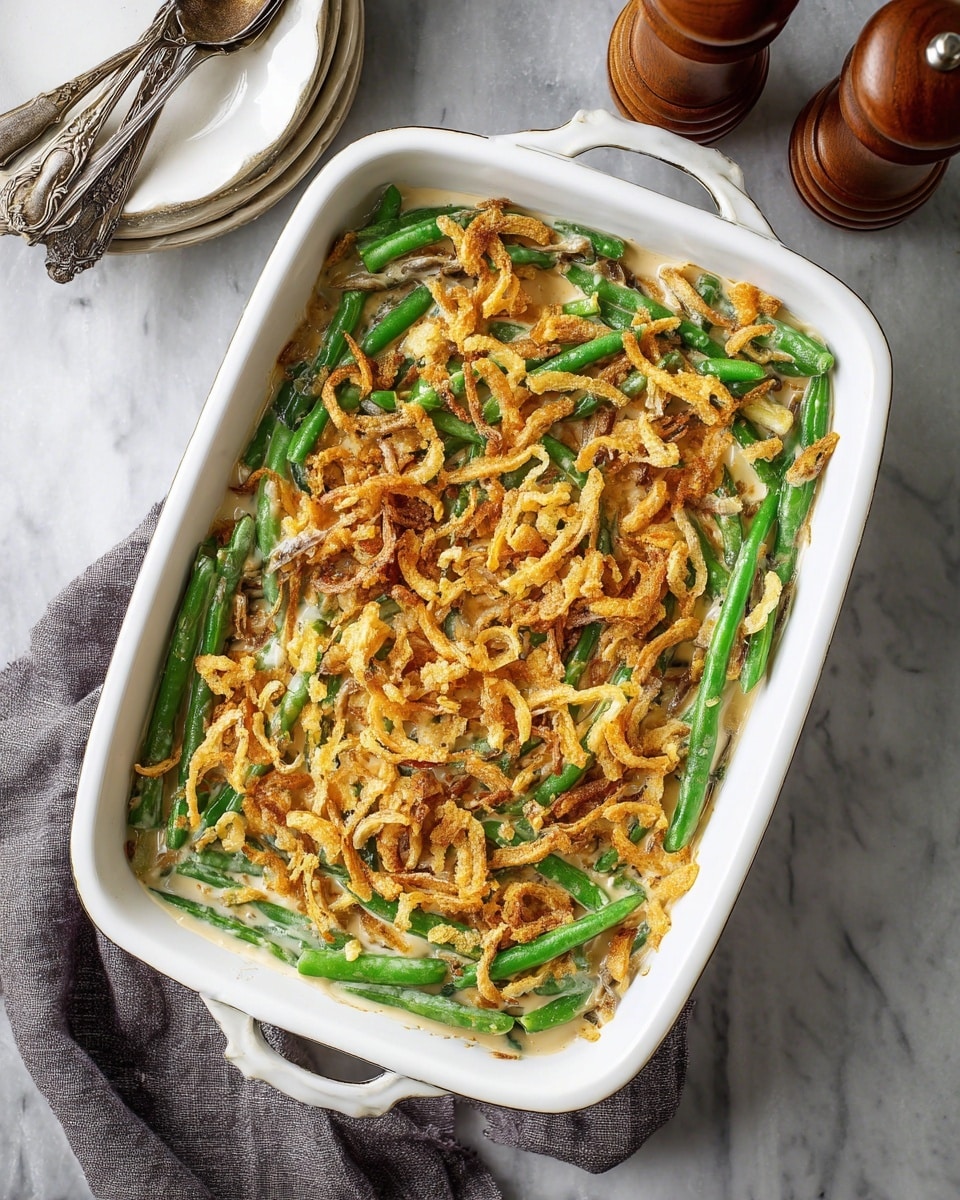 The dish is a green bean casserole served in a white rectangular baking dish. At the bottom, there is a creamy light beige sauce mixed with bright green cooked green beans, which are long and placed loosely. The entire casserole is topped with a generous layer of golden crispy fried onions that are uneven in shape and spread fully across the top. The dish is set on a white marbled surface, with two wooden pepper grinders to the top right and a stack of white plates with antique silver forks on the top left. A gray cloth is tucked under the baking dish at the bottom. Photo taken with an iphone --ar 4:5 --v 7