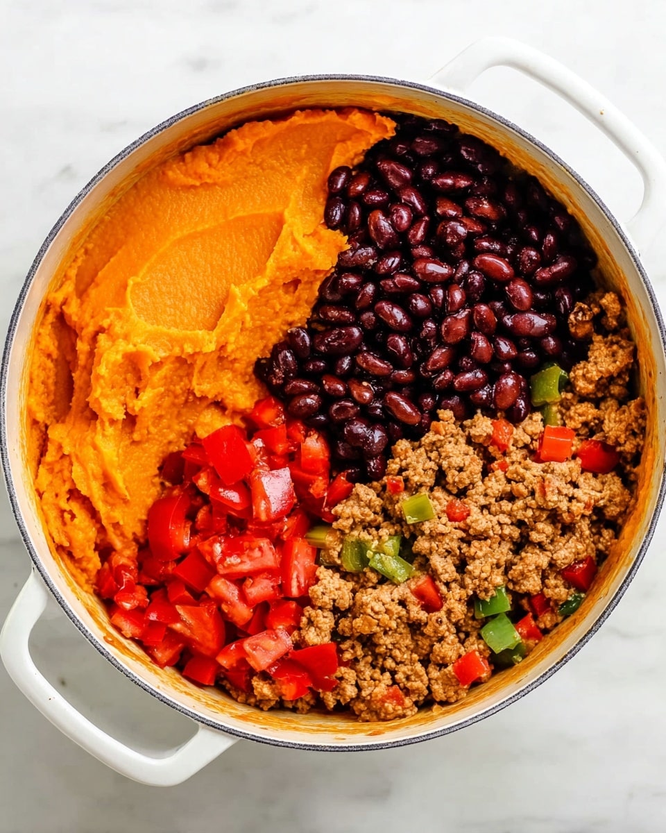A white pot is shown from above, filled with four distinct layers of food, each covering a quarter of the pot. The top left layer is smooth and bright orange, resembling mashed sweet potatoes. The top right layer consists of shiny, dark red and black beans with a glossy texture. The bottom left layer has red diced tomatoes with a juicy, slightly chunky look. The bottom right layer contains cooked ground meat mixed with small pieces of green and red bell peppers and onions, giving it a textured, crumbly appearance. The pot is set on a white marbled surface. Photo taken with an iphone --ar 4:5 --v 7