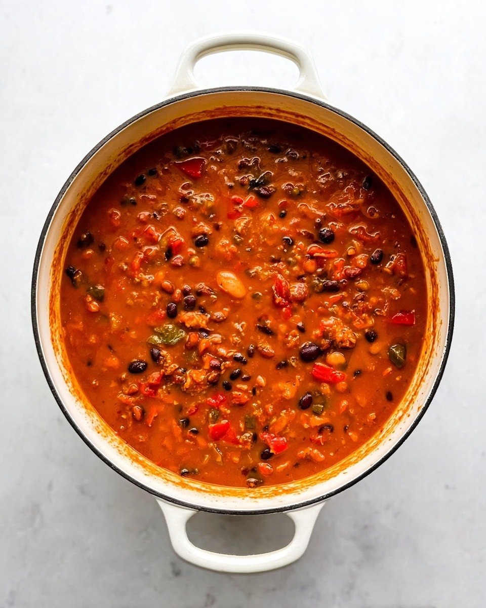 A white pot filled with a thick stew, showing a rich reddish-brown broth with visible chunks of black and white beans, small pieces of red bell peppers, and bits of meat or vegetables scattered throughout. The stew has a dense, slightly chunky texture with various small ingredients combined evenly across the top. The pot sits on a white marbled surface. photo taken with an iphone --ar 4:5 --v 7