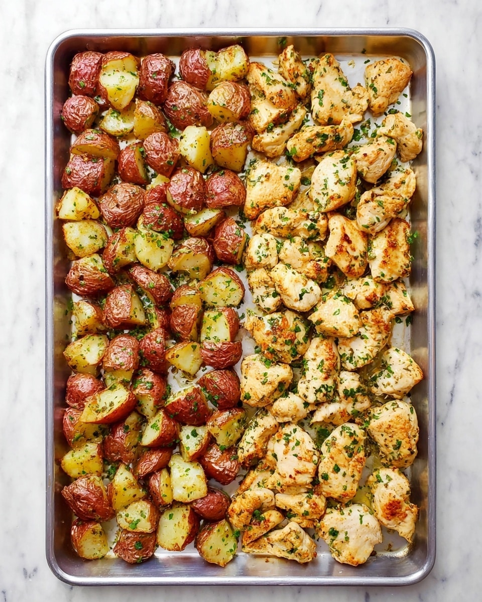 The image shows a metal baking tray divided into two sections on a white marbled surface. On the left side, there are small pieces of roasted red potatoes with a golden-brown crust and some green herb sprinkles on top. The right side has evenly spaced pieces of cooked chicken with a light golden color, also sprinkled with green herbs. Both the potatoes and chicken have a slightly crispy texture with visible seasoning. The photo looks bright and clear, taken from above, showing the full tray. photo taken with an iphone --ar 4:5 --v 7