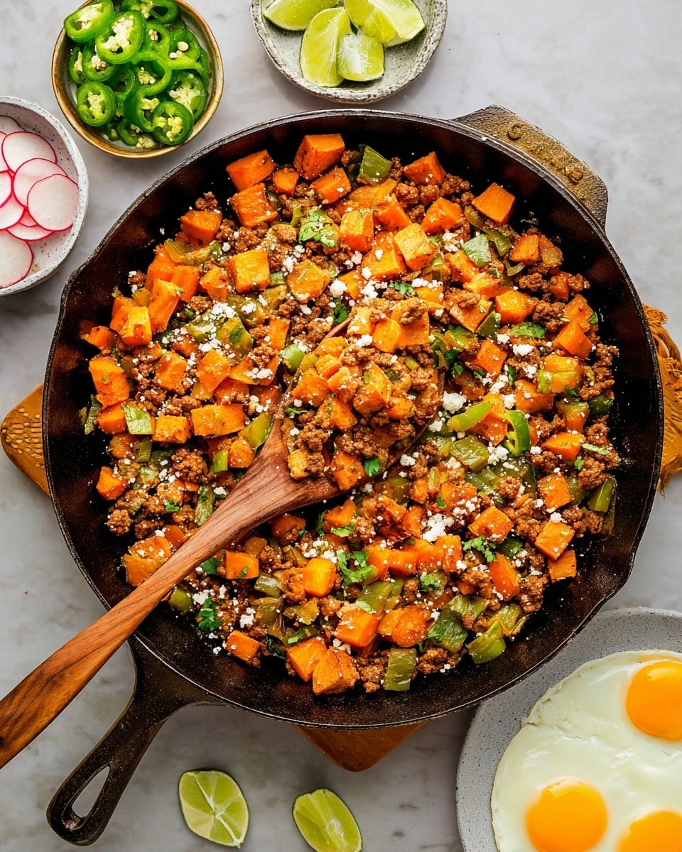 A white bowl filled with a colorful mix of diced orange sweet potatoes and browned ground meat, mixed with green leafy vegetables and spices, forming the bottom layer. On top of this is a layer of a sunny-side-up egg with a bright yellow yolk and white edges, sprinkled with small white cheese crumbles and green herbs. To the side, slices of red cherry tomatoes and thin pink-and-white radish rounds rest on the sweet potato mix, with a green lime wedge placed near the edge of the bowl. Surrounding the bowl are small white bowls containing sliced radishes, chopped cilantro, and halved cherry tomatoes, all placed on a white marbled surface. Photo taken with an iphone --ar 4:5 --v 7