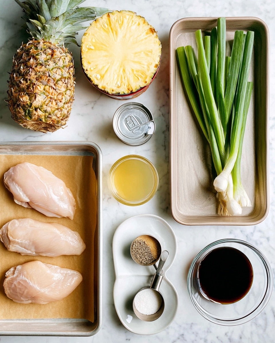 The image shows a top view of fresh cooking ingredients arranged neatly on a white marbled surface. On the left, there are three raw chicken fillets laid on a tray with light brown parchment paper. Above them, there is a whole pineapple and a can with pineapple rings inside. To the right, a rectangular metal tray holds a bunch of green spring onions with white tips, a small white bowl filled with light brown sugar, a metal measuring cup with honey, a glass of light yellow juice, a small cup of dark soy sauce, and a small white plate with divided white powder and black pepper. Above this tray, there is a clear glass bowl placed on a wooden cutting board with mixed light and dark wood tones. photo taken with an iphone --ar 4:5 --v 7