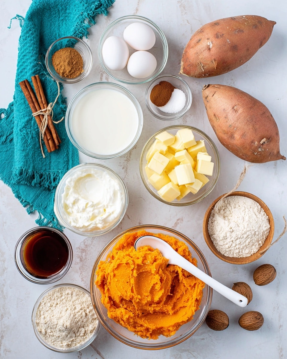 The image shows a flat lay of cooking ingredients arranged neatly on a white marbled surface. In the center is a glass bowl with bright orange mashed sweet potato, a white spoon resting inside it. Surrounding it are two whole raw sweet potatoes, a small glass bowl filled with yellow cubed butter, a glass bowl with four raw eggs, a glass bowl of white thick cream, a bowl with a white creamy substance that looks like ricotta or cream cheese, and a wooden bowls with light brown almond flour and white sugar. Two cinnamon sticks tied with string sit on a turquoise cloth napkin on the left. Small glass bowls contain brown and white powders, likely spices, and a small bowl of dark liquid, probably vanilla extract. Two whole nutmegs lie near the bottom beside these bowls. The overall tone is bright with natural light and rustic kitchen elements. photo taken with an iphone --ar 4:5 --v 7