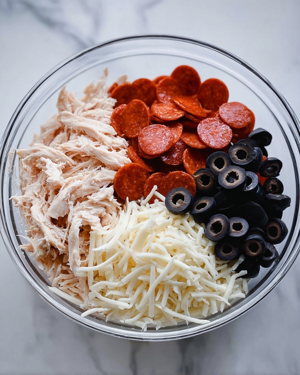 A clear glass bowl placed on a white marbled surface holds four separate layers of ingredients arranged side by side. The first layer contains shredded white chicken meat with a soft texture, positioned in the front left. Next to it, towards the center, is a pile of small round slices of reddish pepperoni. To the right of the pepperoni is a generous heap of black olive slices with a shiny and moist appearance. The final layer at the back of the bowl consists of white, shredded mozzarella cheese with a slightly curly texture. The ingredients fill the bowl almost to the top, showing a mix of colors and textures in one container. Photo taken with an iphone --ar 4:5 --v 7