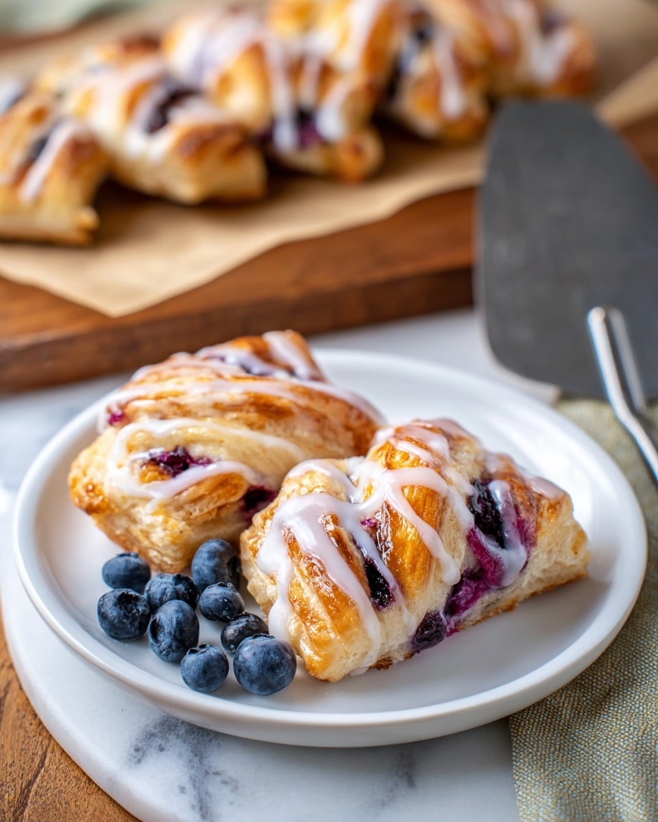 Two twisted pastry pieces with a shiny golden-brown top layer drizzled with white icing sit on a white plate. The pastry shows soft, flaky layers with visible purple blueberry filling swirling inside. Next to the pastries are several dark blue blueberries adding a fresh touch. In the background, more similar pastry pieces are slightly blurred, resting on brown parchment paper over a wooden surface. The whole scene is set on a white marbled texture with a metal spatula visible to the side. photo taken with an iphone --ar 4:5 --v 7