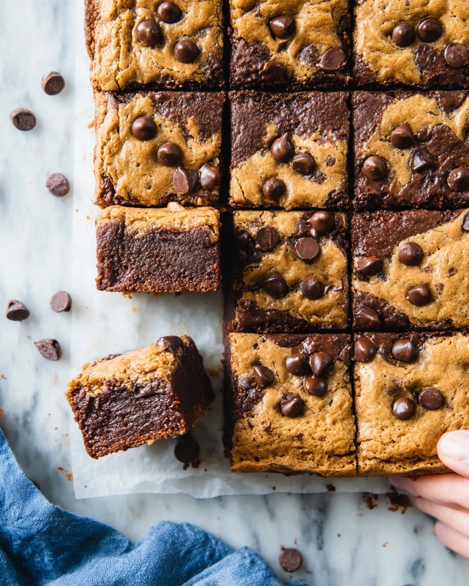 A close-up view of a square pan of cookie dough brownie bars cut into squares on a white marbled surface, showing two clear layers: a thicker, dark brown chocolate brownie base, and a thinner, golden brown cookie dough top layer with scattered dark chocolate chips. One square piece is lifted, held by a woman's hand, showing the soft texture of both layers. Loose chocolate chips are scattered around the bars, and a blue cloth is partially visible at the bottom left corner. photo taken with an iphone --ar 4:5 --v 7
