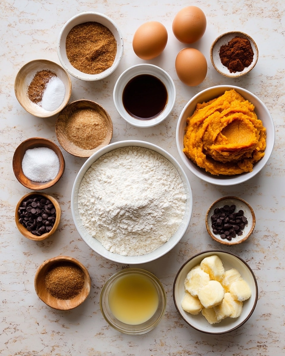 A top-down view of various baking ingredients arranged neatly on a white marbled surface. At the center is a medium white bowl filled with white flour. To its right is a white bowl containing mashed orange sweet potato and two brown eggs beside a small white cup with dark vanilla extract on a round white plate. Around these are small white bowls with cinnamon, ginger, nutmeg, and brown sugar, and a white bowl with black chocolate chips. Below the flour bowl are two small wooden bowls with baking soda and flour, a small glass bowl with clear golden liquid, and a white bowl with mashed banana. A woman's hand is partially visible at the bottom left holding a bowl of brown sugar. Photo taken with an iphone --ar 4:5 --v 7