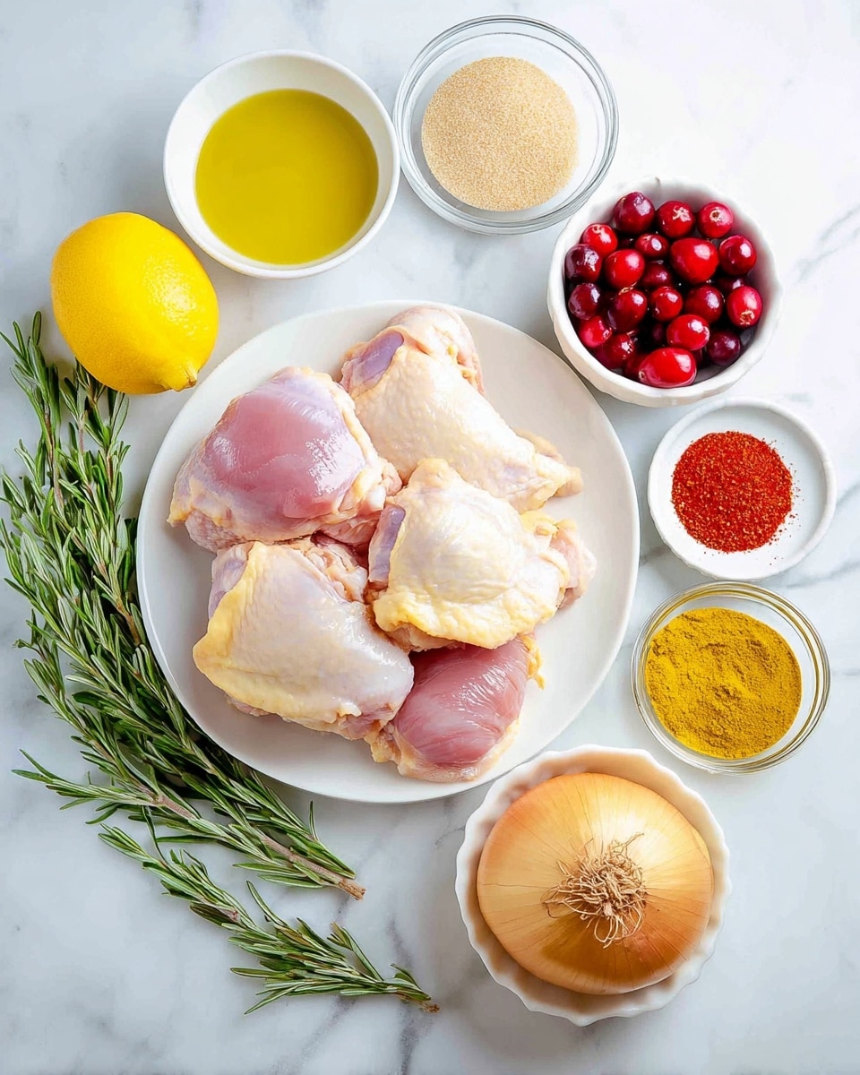 The image shows a white plate with several pieces of raw chicken thighs, light pink and pale yellow in color, stacked in the center. To the left of the plate is a bright yellow lemon, and below it, a small white bowl filled with golden olive oil. In front of the plate, there is a clear glass bowl containing light brown sugar and a small white bowl with a yellow mustard paste. To the right of these, a white bowl holds fresh, round, red cranberries, and another white bowl next to it appears empty or very lightly colored. A mix of spices, including red paprika, salt, and black pepper, sit in a tiny white dish near fresh, green rosemary sprigs at the bottom left. To the far right of the composition is a whole yellow onion with root fibers visible. The background is a white marbled surface. Photo taken with an iphone --ar 4:5 --v 7