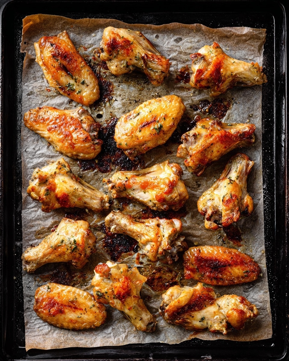 The image shows a dark metal baking tray covered with lightly browned parchment paper, holding seventeen golden-brown chicken wings spread out in a loose cluster. Each wing has a crisp, slightly shiny skin with varied patches of color, from light beige to deeper orange-brown spots indicating roasting. The tray surface has small burnt drips and oily marks around the wings, which add texture and a rustic feel. The skin of the chicken looks tender, with some wings showing small crispy edges and darker herbs or seasoning specks. The overall look is warm and freshly cooked. Photo taken with an iphone --ar 4:5 --v 7