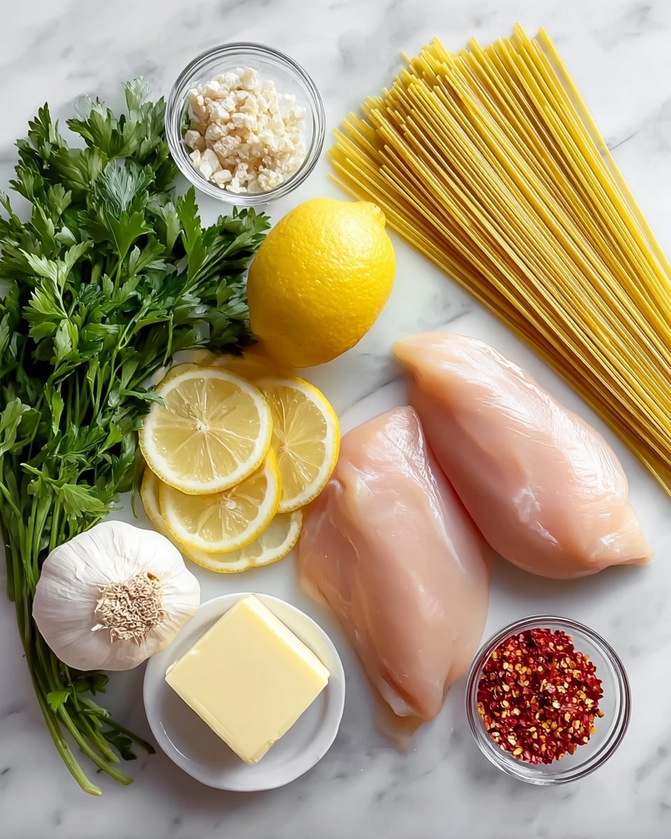The image shows a white marbled surface with fresh ingredients neatly arranged: two large, smooth, pale pink chicken breasts are placed on the right side, next to a bundle of uncooked, light yellow spaghetti strands stacked horizontally. Above the chicken is a whole bright yellow lemon, and below it are four lemon slices arranged in a semi-circle. To the far left, there is a bunch of fresh, deep green parsley laying flat. At the bottom center is a square piece of pale yellow butter. Nearby, a whole bulb of garlic with a white papery skin is positioned. Above the garlic and butter, there is a small white bowl filled with red chili flakes, and another glass bowl with more red chili flakes sits near the lemon. The overall look is clean and fresh. photo taken with an iphone --ar 4:5 --v 7