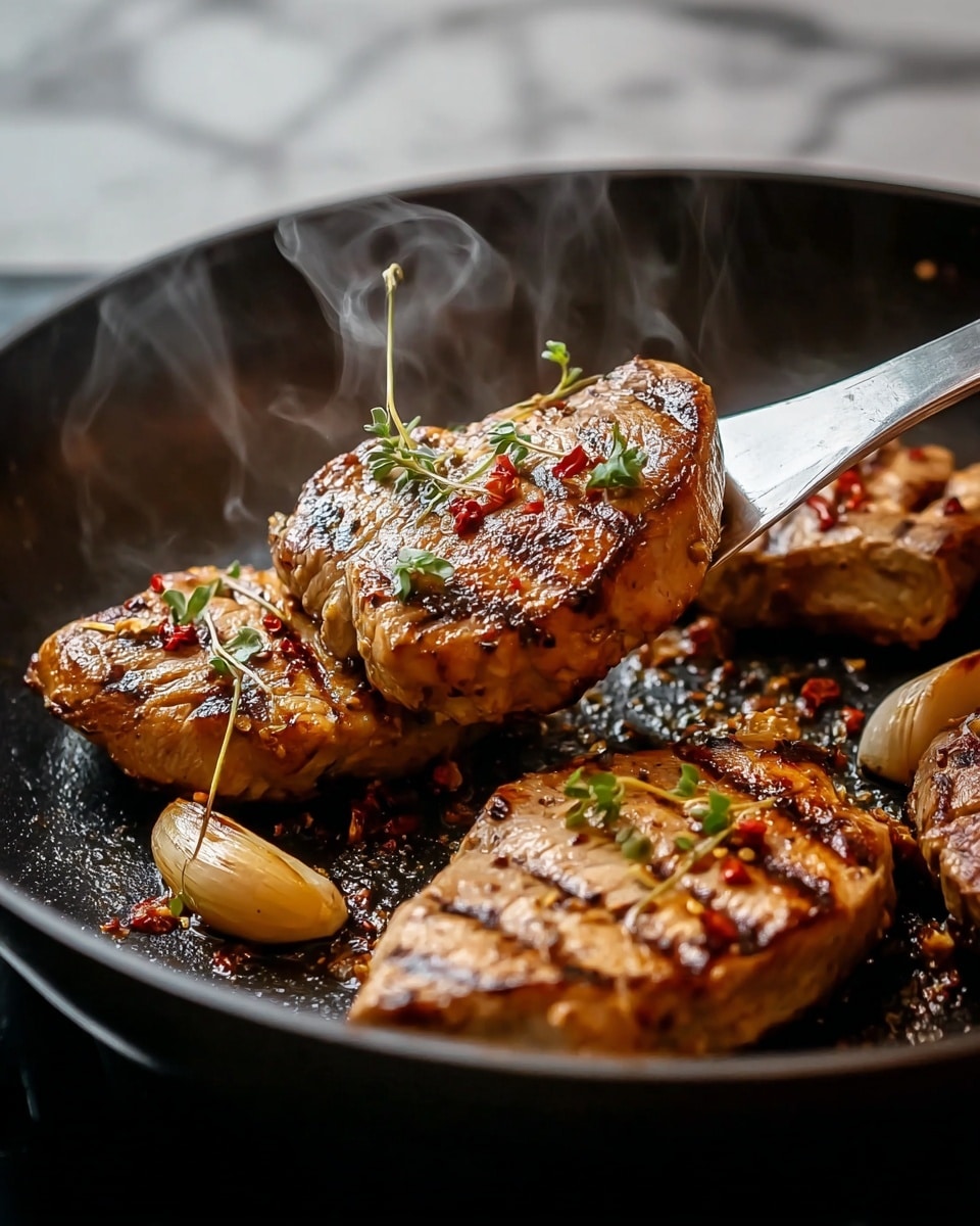 Four cooked pieces of meat with a golden brown color and grill marks are in a black pan. The meat pieces are topped with small green herb sprigs and tiny red chili flakes. Around the meat, there are some whole garlic cloves that are light beige. Steam rises from the pan showing the food is hot. A metal spatula is lifting one piece of meat from the pan. The background has a white marbled texture photo taken with an iphone --ar 4:5 --v 7