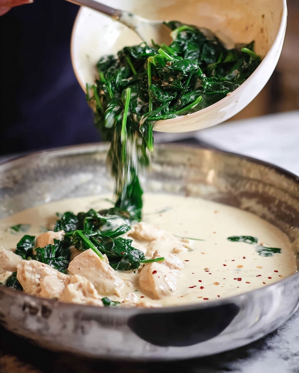 A close-up image shows cooked dark green spinach being poured from a white bowl into a shiny silver pan with creamy white sauce and small pieces of light beige chicken inside. The sauce has small specks of red seasoning scattered throughout. The white marbled surface is faintly visible in the background. A woman's hand holds the bowl, tilting it to let the spinach fall into the pan. Photo taken with an iphone --ar 4:5 --v 7
