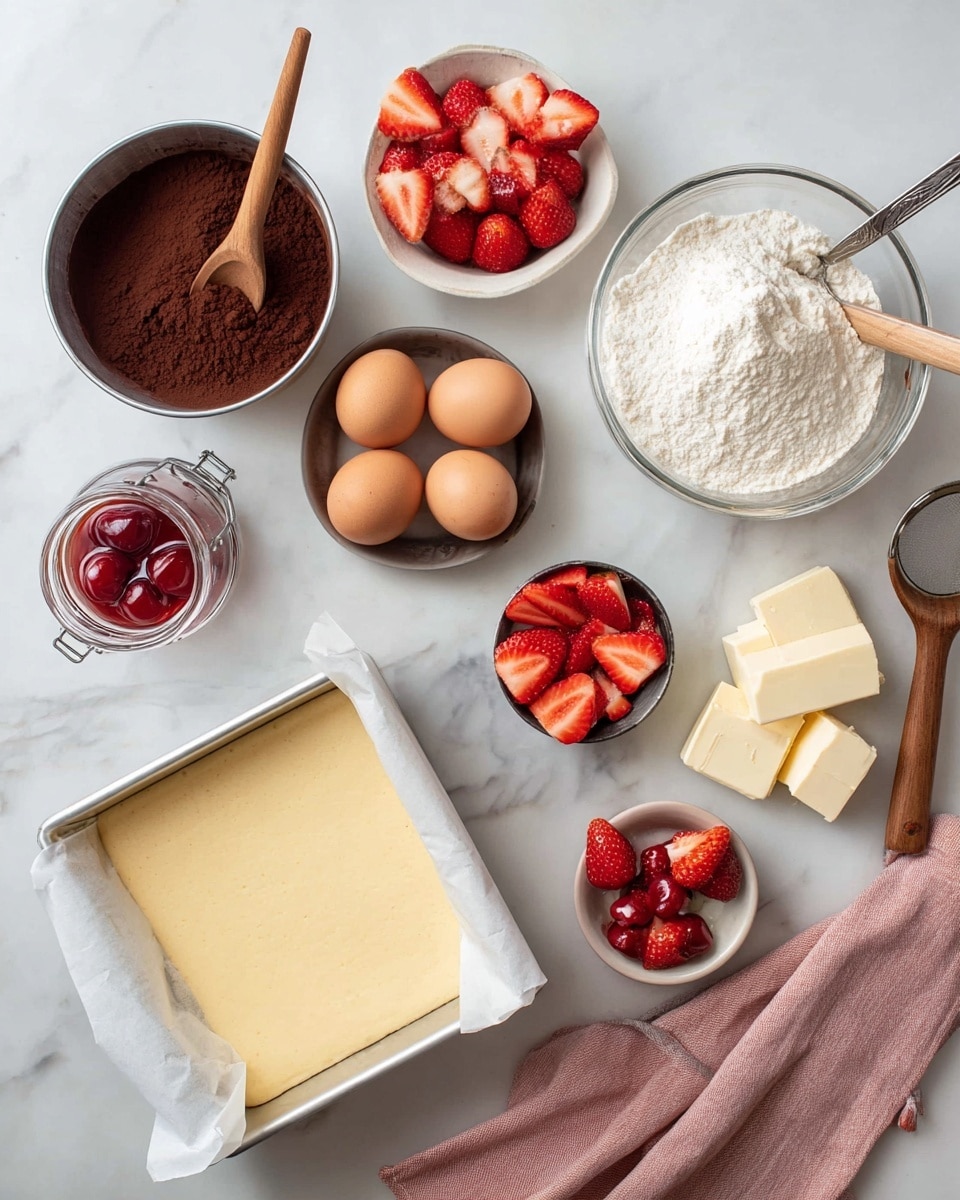 A white rectangular baking pan lined with parchment paper holds a smooth pale yellow cake layer as the base. Next to it, a metal bowl contains dark brown cocoa powder with a wooden spoon resting inside. A white bowl filled with six brown eggs has a metal spoon in it. A large glass bowl holds white flour with a small mound in the center. Nearby, a small glass jar with a metal lid contains a red liquid with cherries inside. There are two small metal cups, each holding a whole red strawberry. A white bowl is filled with fresh red strawberry slices. Small blocks of butter are placed near the center alongside a wooden spoon and a small metal sieve. A pink cloth napkin is draped to the side on a white marbled surface. Photo taken with an iphone --ar 4:5 --v 7