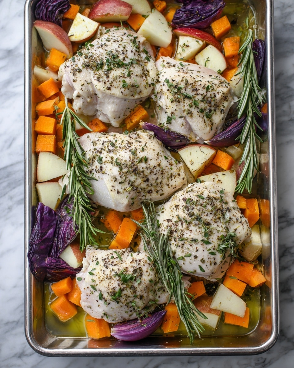 A metal tray holds a mix of ingredients with five thick pieces of white chicken on top, each sprinkled with black pepper and green herbs. Underneath and around the chicken are layers of chopped vegetables: orange cubes, small whole carrots, pale round onions, apple slices with red skin, and purple-tinted cabbage pieces. Sprigs of fresh green rosemary cross over the chicken and vegetables, resting in places. The tray's surface reflects some oil, making the colors shine. The background is a white marbled texture. photo taken with an iphone --ar 4:5 --v 7
