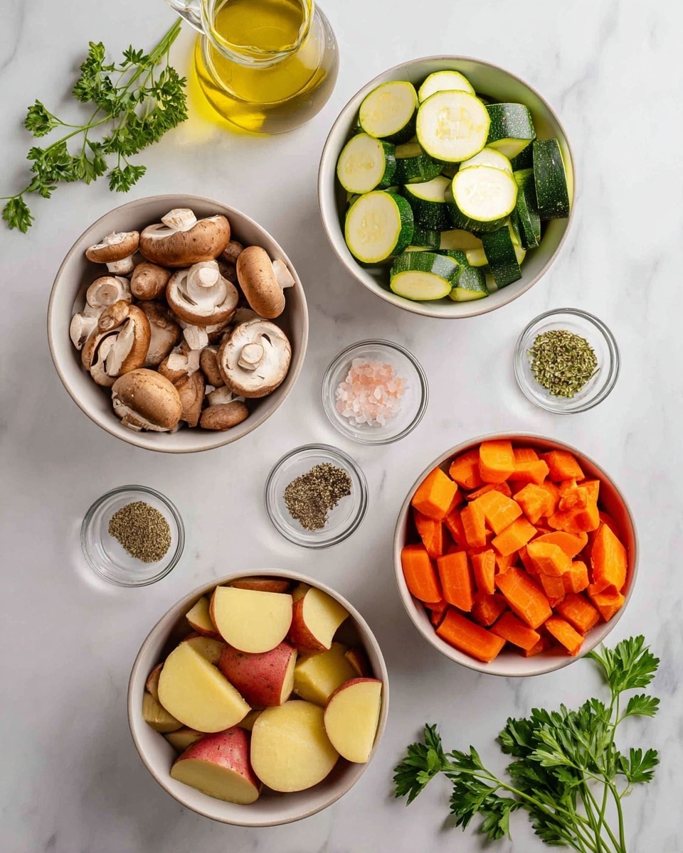 The image shows an overhead view of several white bowls arranged on a white marbled surface, each filled with fresh chopped vegetables and spices. The top right bowl holds thick slices of green zucchini with white insides, while the bottom left bowl contains halved brown mushrooms with light beige stems. The bottom right features a white bowl filled with bright orange carrot pieces cut into short sticks. The center bowl is filled with halved small red potatoes showing their pale yellow inside. Three small glass bowls containing dried herbs, black pepper, minced garlic, and pink salt are scattered around. A glass bottle with golden olive oil is placed at the top left. Fresh sprigs of green parsley are at the bottom edge of the image. photo taken with an iphone --ar 4:5 --v 7
