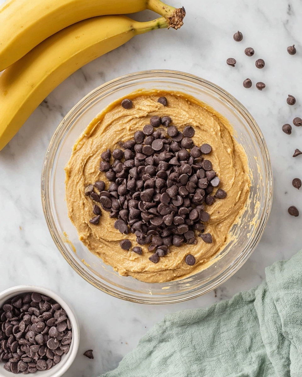 A clear glass bowl sits on a white marbled surface filled with light brown banana batter, thick and creamy in texture, topped with a pile of dark chocolate chips in the center. Two whole yellow bananas are placed at the top left corner, partially in the frame. A small white bowl with more chocolate chips is at the bottom left corner next to a crumpled light green cloth napkin. Scattered chocolate chips are also visible on the white marbled surface around the bowl. photo taken with an iphone --ar 4:5 --v 7