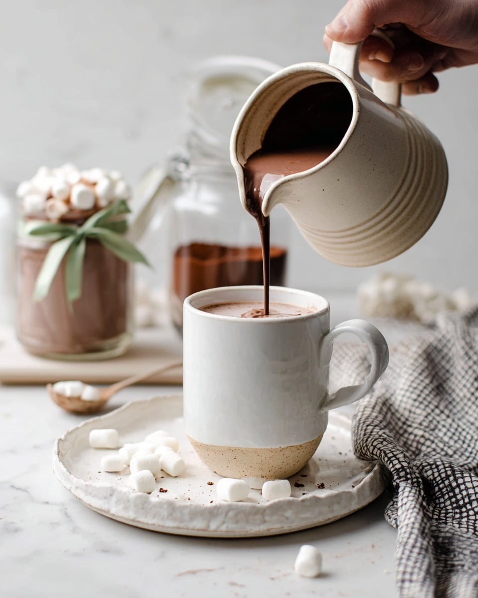 A white ceramic cup sits on a textured white ceramic saucer with an uneven edge, placed on a white marbled surface. A thick, dark hot chocolate is being poured into the cup from a white and beige ceramic pitcher held by a woman's hand. Around the cup, small white marshmallows are scattered on the surface. In the background, there is a glass jar filled with hot chocolate topped with miniature marshmallows tied with a green ribbon, and another glass jar partially filled with cocoa powder. A soft, black and white checkered cloth lies to the right side of the cup, adding texture to the scene. photo taken with an iphone --ar 4:5 --v 7