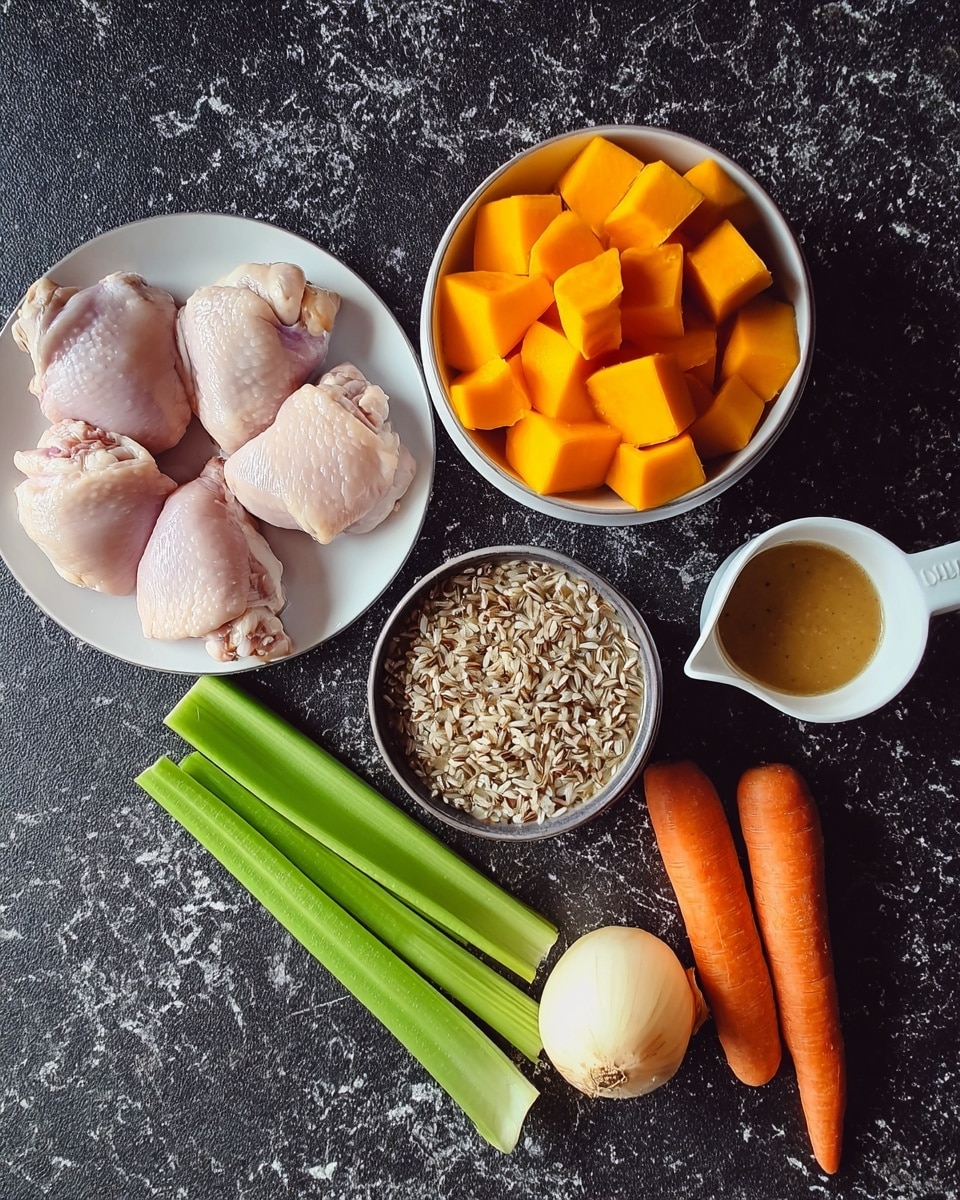 The image shows several ingredients arranged on a dark textured surface with a white marbled texture. On the left side, there is a white plate with several pieces of raw light pink chicken thighs. On the top right, there is a white bowl filled with bright orange cubed butternut squash. In the center, a white bowl contains a mix of brown and wild rice. To the right, a white measuring cup holds a small amount of light brown sauce or dressing. Below these, three fresh green celery sticks lie next to two orange carrots and one whole white onion. photo taken with an iphone --ar 4:5 --v 7