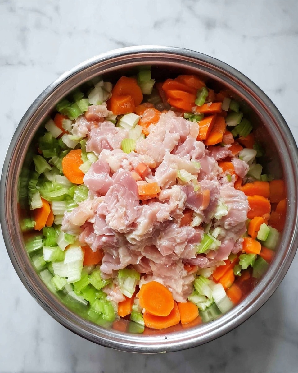 The image shows a silver metal pot filled with several layers of raw food ingredients. The bottom layer has small pieces of white and green celery with a crunchy texture, and orange carrot slices with a smooth surface. On top of this vegetable layer is a thicker layer of pale pink raw meat pieces, slightly shiny and moist, mixed with more chopped celery and carrot slices scattered around. The contents fill the pot evenly, showing a mix of soft and firm textures. The scene is set on a white marbled surface. photo taken with an iphone --ar 4:5 --v 7