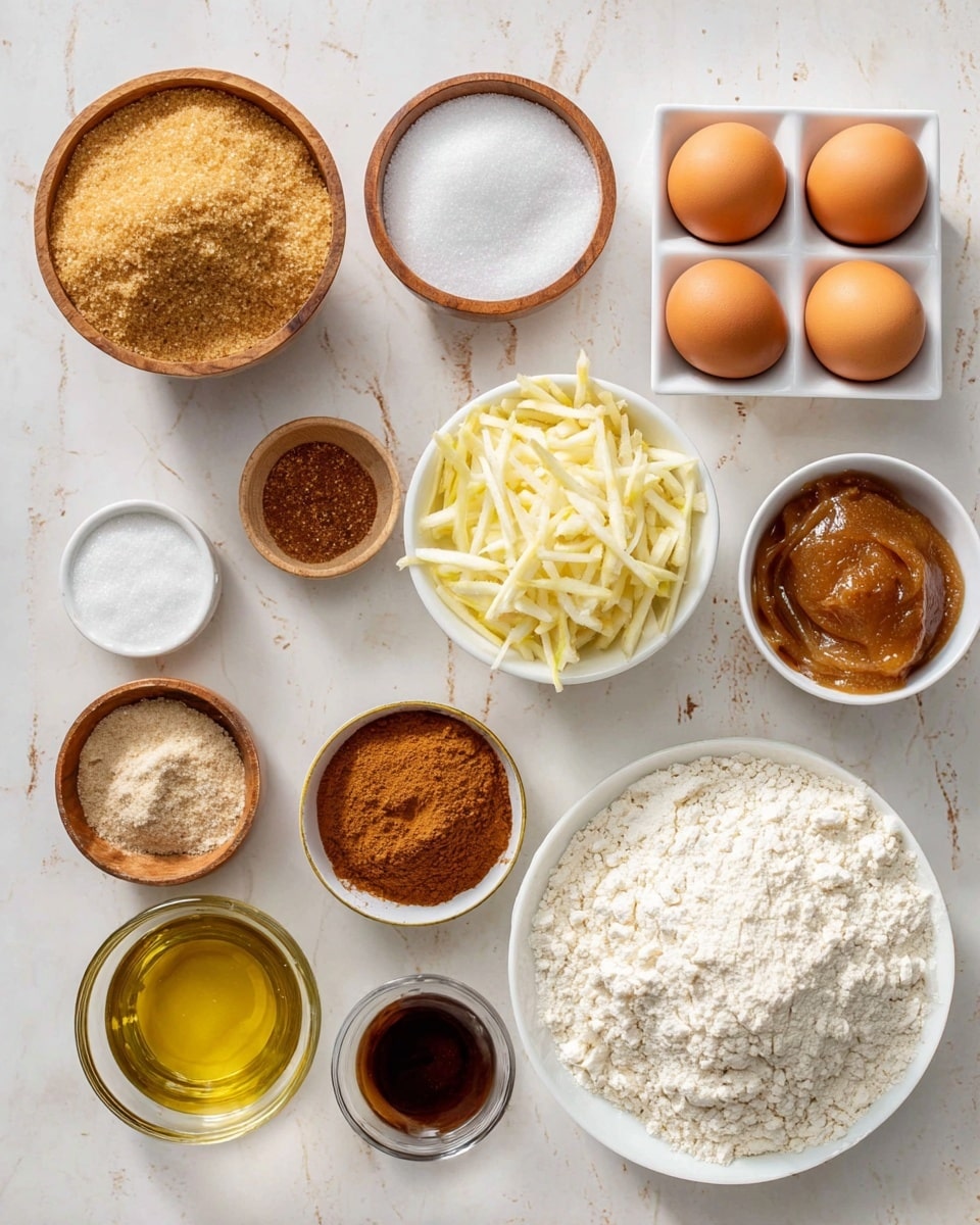 A white bowl filled with light brown sugar sits on the top left, surrounded by small wooden bowls of white salt and baking soda below it. To the right, a white square egg tray holds four brown eggs. Below the eggs is a white bowl with shredded pale yellow apple. Next to the apple is a brown bowl filled with smooth applesauce. A small white bowl with ground spices and another with cinnamon powder are placed below the apple. On the bottom right, a large white bowl holds white flour with a slightly cracked surface. A glass container of clear golden oil and a small glass bowl with dark vanilla extract sit near the flour. The entire setup lies on a white marbled surface. Photo taken with an iphone --ar 4:5 --v 7