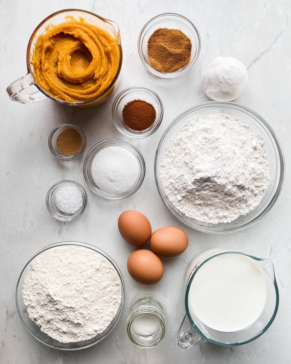 The image shows various baking ingredients arranged on a white marbled surface. At the top left, there is a clear glass measuring cup filled with bright orange pumpkin puree, smooth in texture. Surrounding it are small glass bowls containing brown sugar, ground cinnamon, and white granulated sugar. A large glass bowl filled to the top with fine white powdered sugar is positioned in the center right. Below it, another large glass bowl holds white flour with a soft, powdery texture. Three brown eggs sit in a small glass bowl near the center left, above a tiny glass jar with a white liquid, possibly vanilla or milk. Next to these is a smaller glass bowl with salt crystals. At the bottom, a glass measuring cup contains white milk, showing liquid swirls inside. Each container stands alone, casting soft shadows on the marble. photo taken with an iphone --ar 4:5 --v 7