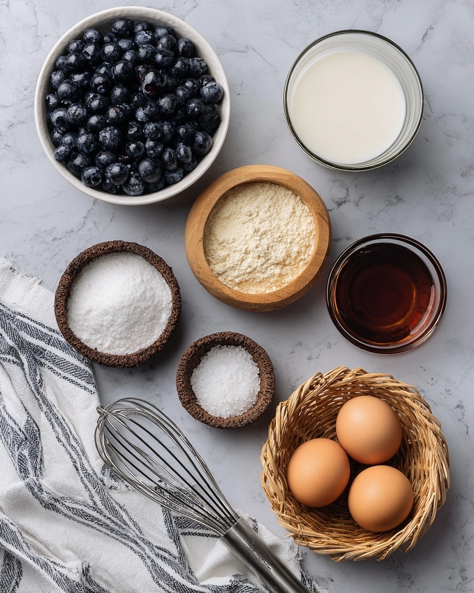 The image shows various ingredients arranged on a white marbled surface. In the center left, there is a white bowl filled with dark blue blueberries. Next to it is a small wooden bowl with a white powder. Below these, there is a small textured brown bowl with white salt and beside it a dark brown bowl filled with a light beige powder. In the middle, there is a clear glass with white milk. To the right, a small white bowl holds dark amber liquid. On the far right, a small woven basket contains two brown eggs. At the bottom of the image, a stainless steel whisk lies on top of a white cloth with gray stripes. Photo taken with an iphone --ar 4:5 --v 7