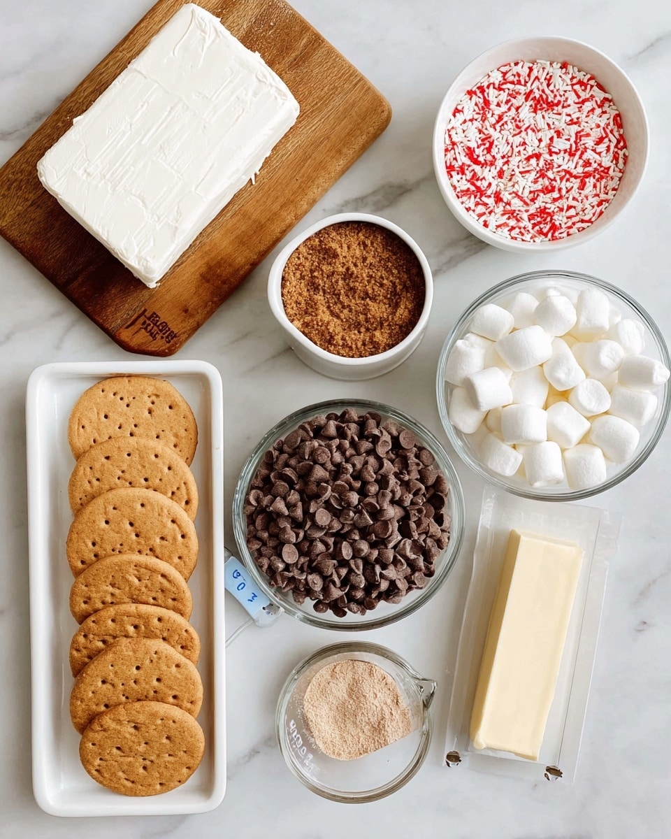 The image shows different ingredients for a dessert neatly arranged on a white marbled surface. There is a white block of cream cheese on a wooden board at the top left, a bowl of red and white sprinkles to the top right, and a white cup filled with brown sugar in the center. Below that is a white bowl with chocolate chips and another clear bowl filled with small white marshmallows. A stick of salted butter lies next to these bowls, and a clear measuring cup contains a light brown powder mix. On the bottom left, a white tray holds three rows of graham crackers and a mix of round cookies, some with chocolate chips. Photo taken with an iphone --ar 4:5 --v 7