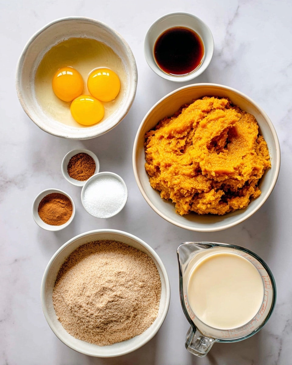 The image shows six bowls and a glass measuring cup arranged on a white marbled surface. In the top right, there is a white bowl filled with bright orange mashed pumpkin, smooth with some texture on top. Below it, a white bowl contains a light brown powdery mix, likely brown sugar, unevenly spread inside. To the left, a white bowl holds four bright yellow egg yolks sitting in clear liquid. Above that is a smaller white bowl with dark brown liquid, possibly vanilla extract. Below the eggs, a small white bowl is filled with white granulated sugar, and next to it, another small white bowl contains a reddish-brown spice, likely cinnamon. On the bottom right, a clear glass measuring cup is filled with a creamy liquid, likely milk. The photo is taken with an iphone --ar 4:5 --v 7