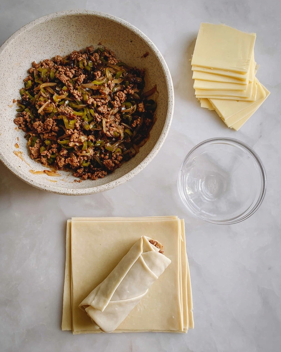 A preparation scene with a white speckled bowl filled with cooked ground meat mixed with green pepper and onions, giving a textured look of brown and green with some caramelized bits. Below it, there are neatly stacked pale yellow round cheese slices with smooth edges. To the right of the cheese, there is a small clear glass bowl. Below that, several square, light beige pastry sheets are arranged in a stack, with one sheet placed slightly apart showing a rolled piece filled with the meat mixture, wrapped neatly with triangular folds on top. The background is a white marbled surface. Photo taken with an iphone --ar 4:5 --v 7
