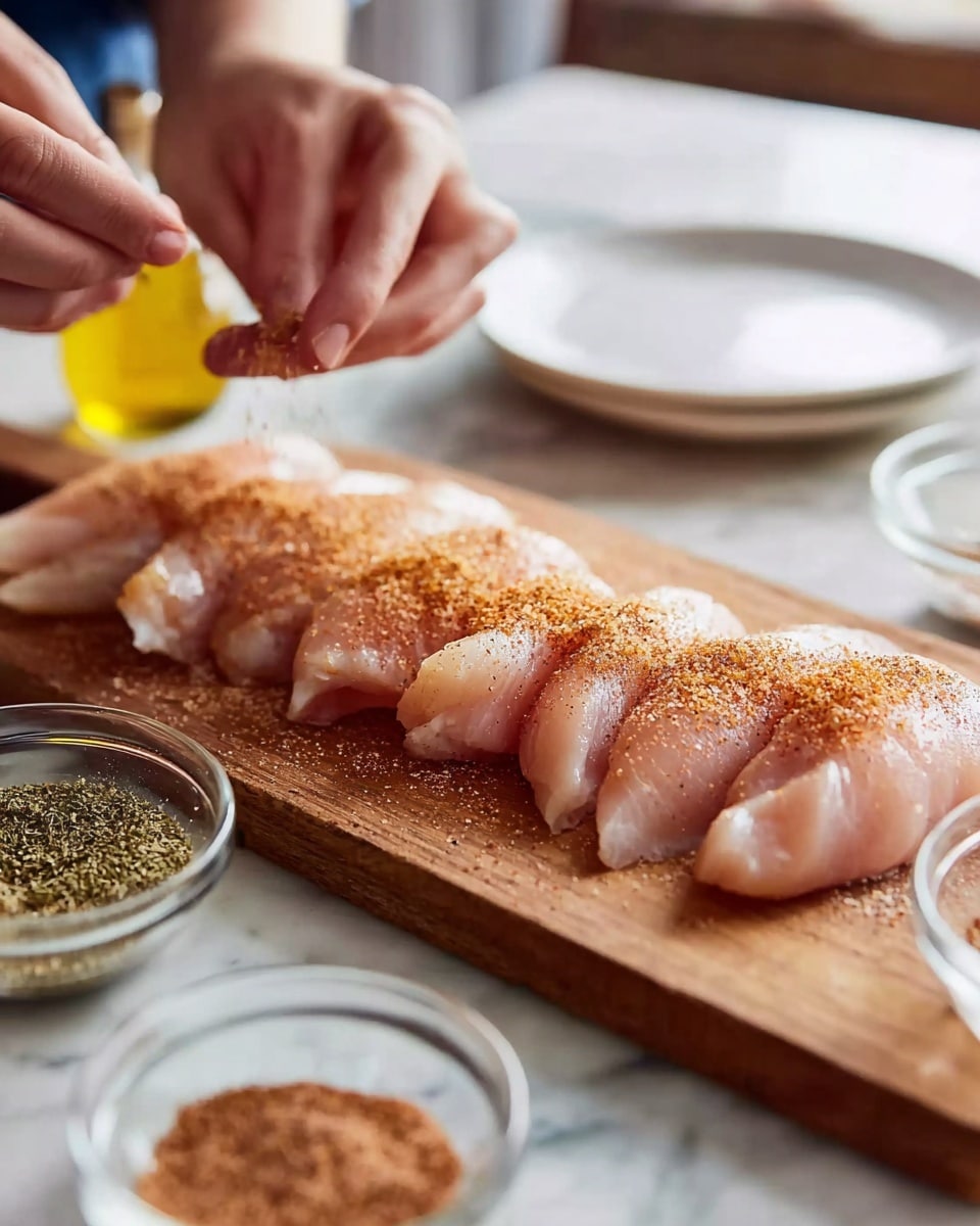 There are six raw chicken pieces laid out in a row on a wooden cutting board, each piece light pink in color with a smooth texture. A pair of hands is sprinkling a reddish-brown spice evenly over the chicken, creating a thin, speckled layer on the surface of each piece. Two clear glass bowls nearby hold ground spices in brown and green shades, and a small bottle with a yellow liquid is visible on the left. The scene is set on a white marbled textured countertop, with a blurred white plate in the background. The photo taken with an iphone --ar 4:5 --v 7