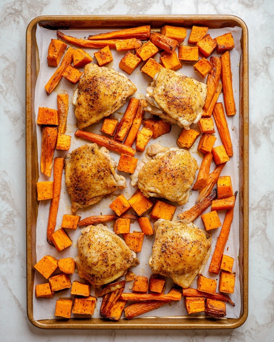 A baking tray lined with white paper is filled with four cooked seasoned chicken thighs that are golden brown with a slightly crispy texture. Around the chicken thighs, there are several pieces of cooked carrot sticks and cubed sweet potatoes, both showing a warm orange color with browned edges from roasting. The orange vegetables are scattered evenly across the tray, creating a balanced mix of colors and shapes on the white paper. The surface underneath the tray is a white marbled texture. Photo taken with an iphone --ar 4:5 --v 7