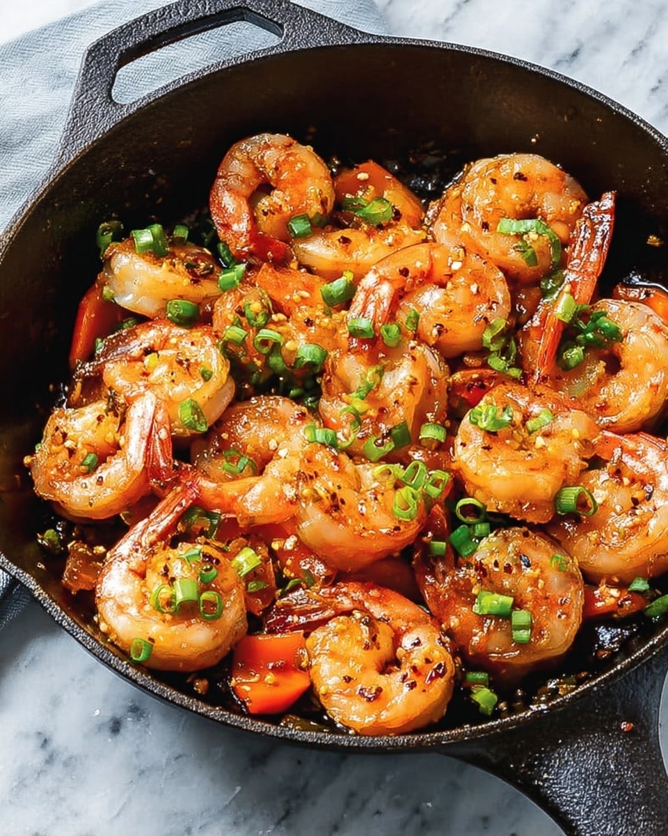 A black cast iron pan is filled with shiny cooked shrimp, showing their pink and white colors, mixed with small green onion slices and thin slices of orange carrot. The shrimp have a glossy look from a sauce that coats them, with small dark specks suggesting seasoning. The pan handle is partially visible, and the pan sits on a white marbled surface. photo taken with an iphone --ar 4:5 --v 7