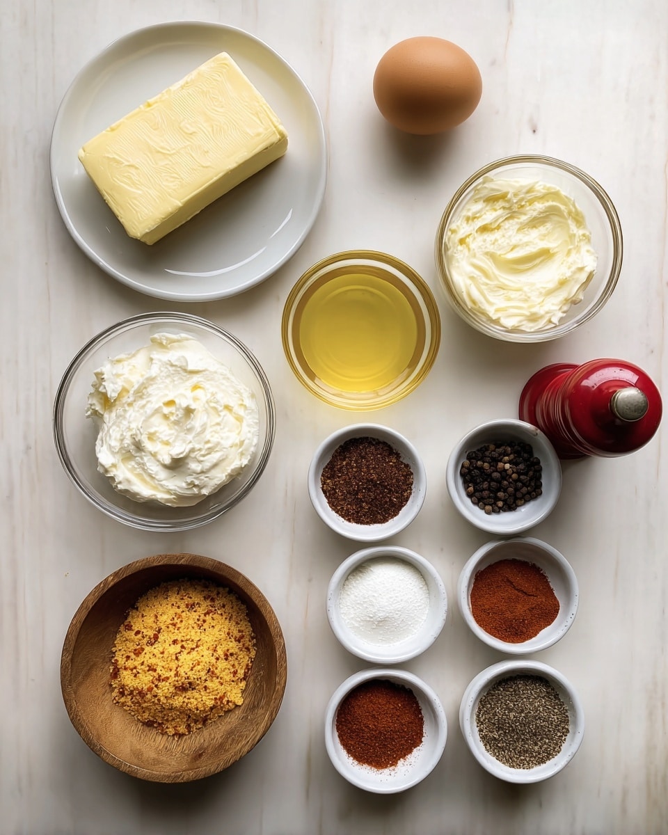 The image shows a neatly arranged set of cooking ingredients on a white marbled surface. In the top left, there is a white plate holding a solid block of pale yellow butter. Next to it is a single brown egg, followed by a small clear glass bowl with thick white cream. Below that, there is another clear glass bowl containing a light yellow creamy substance, and near it is a small bowl filled with a white liquid. On the top right, a white bowl contains light golden oil, and next to it is a small white bowl with black peppercorns beside a red-capped pepper grinder. There are four small white bowls arranged in a square below these, each holding a different mix of spices, including dark brown, reddish paprika, and white powders. The bottom left contains a wooden bowl with a mix of coarse yellow and orange crumbs. The arrangement is clean and organized with soft lighting highlighting the textures. Photo taken with an iphone --ar 4:5 --v 7