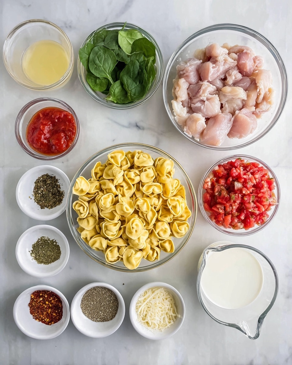 The image shows a collection of clear glass bowls and white small dishes arranged neatly on a white marbled surface. In the center, there is a large bowl filled with yellow tortellini pasta, with the pasta forming the main layer. To the top right of the tortellini, there is a bowl filled with raw, pinkish chicken pieces. Just above this bowl, on the upper left, there is a bowl with fresh green spinach leaves. To the bottom left of the main bowl, there are two bowls—one filled with diced red tomatoes in sauce and another smaller one with grated Parmesan cheese. Surrounding these larger bowls are smaller white dishes containing various dried herbs and spices, some showing dark green and brown textures, and one small bowl with red chili flakes. On the right side, a small measuring glass jug contains a white liquid, likely milk or cream, while another jug on the left contains a yellow broth or stock. The entire setup appears clean and organized. Photo taken with an iphone --ar 4:5 --v 7